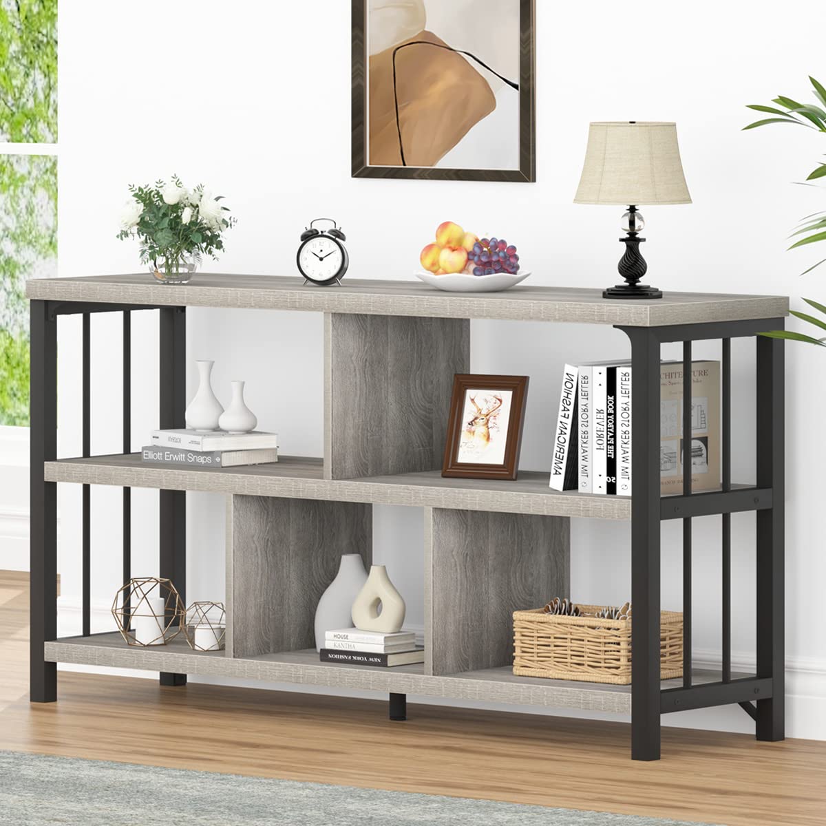 IBF Industrial 5-Cube Horizontal Bookshelf - Modern Wooden & Metal Storage Organizer for Home Office, Living Room & Bedroom - Light Grey Oak Open Shelf (47 Inch) - Perfect for Books, Decor & Small Space Organization
