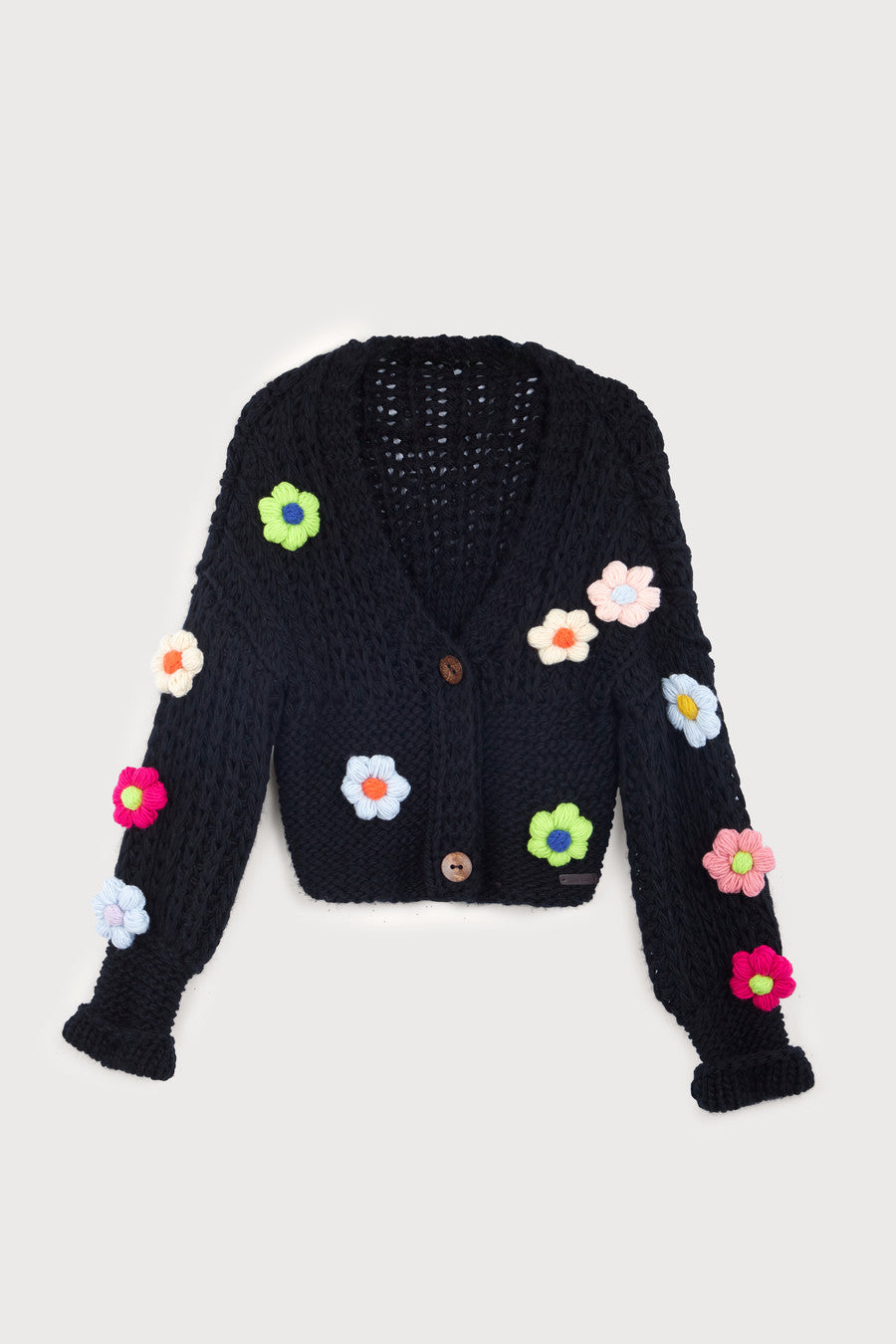 Floral Appliqué Knit Cardigan with Buttons - Elegant Lace-Up Sweater for Women - Perfect for Spring Outfits, Office Wear & Casual Dates