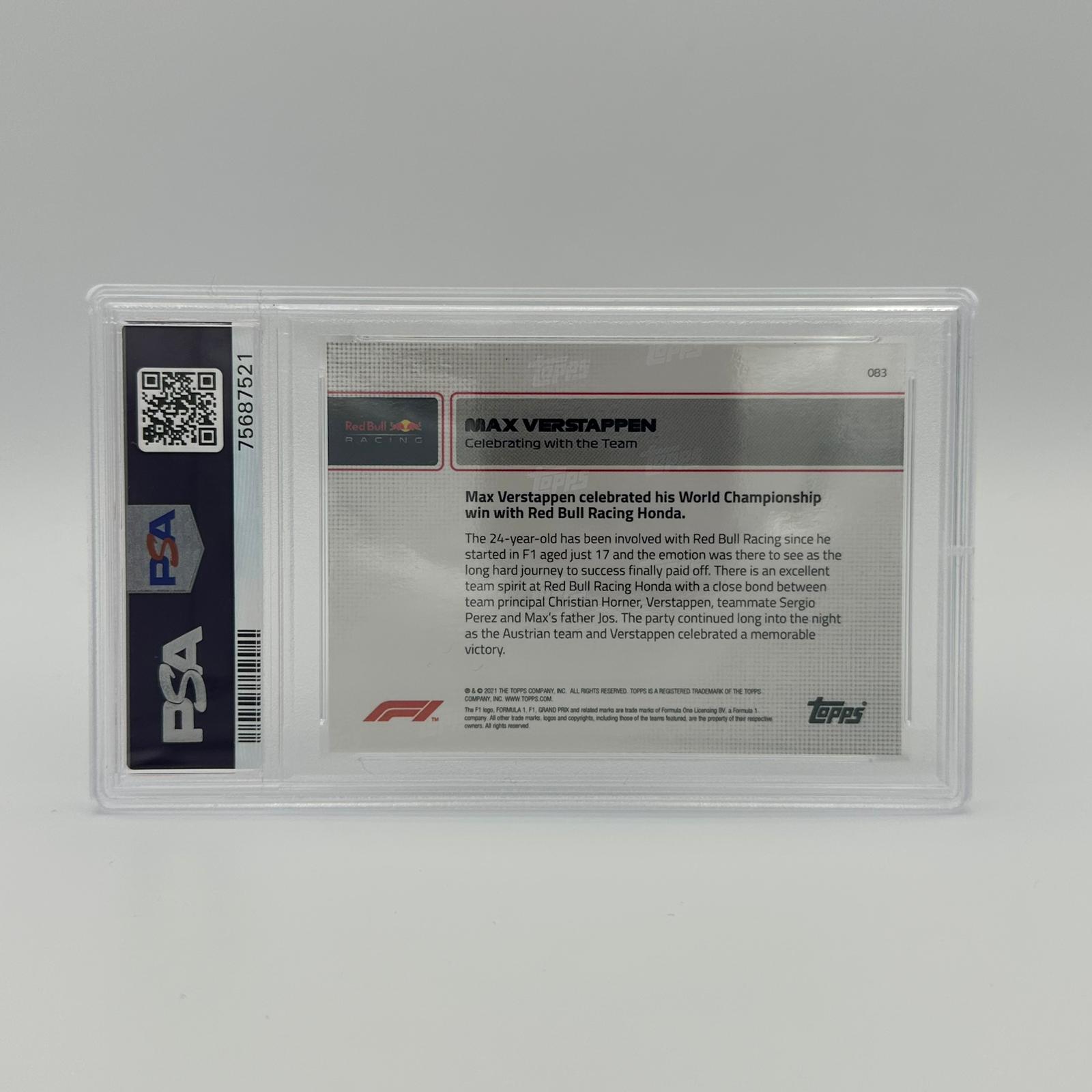 PSA 9 Graded 10/10 Max Verstappen Celebrating With The Team #83 Red Bull Racing F1 Trading Card - Perfect for Collectors, Sports Memorabilia Fans & Formula 1 Enthusiasts