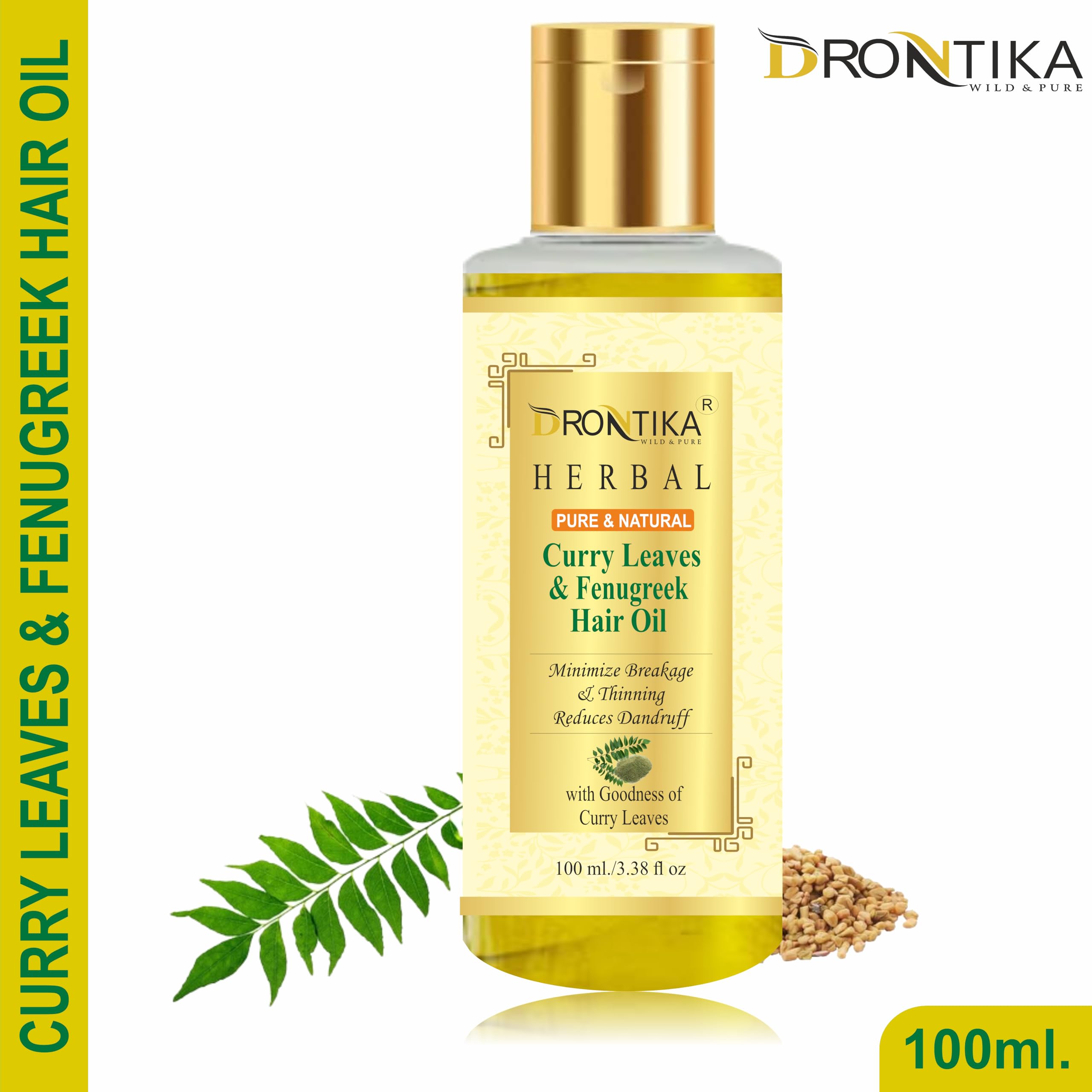 Drontika Herbal Curry Leaves & Fenugreek Hair Oil for Hair Fall Control & Premature Greying - Enriched with Vitamin E - 100ml - Promotes Hair Growth & Scalp Health - Perfect for Daily Hair Care Routine & Ayurvedic Treatments