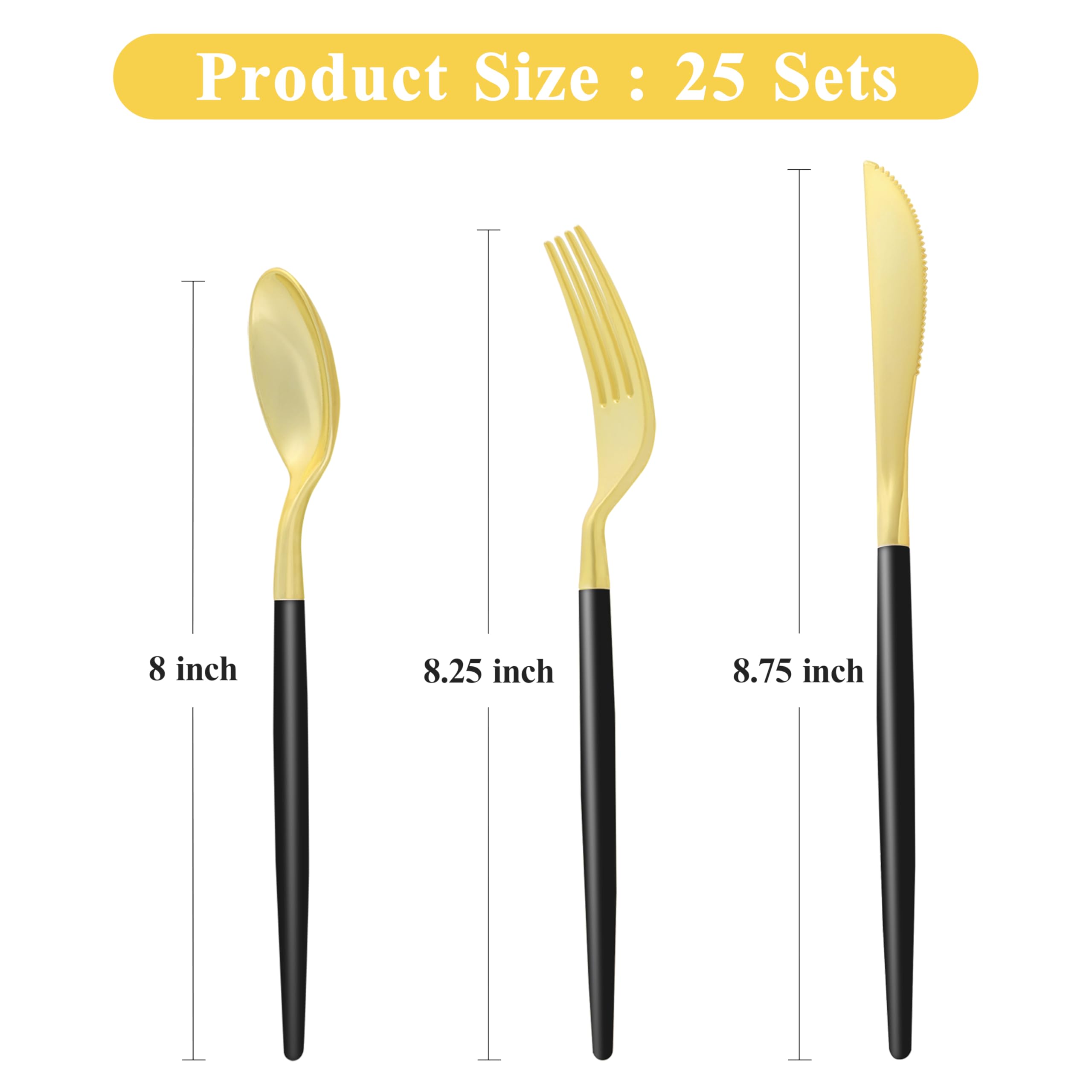 75-Piece Black & Gold Plastic Cutlery Set - 25 Knives, 25 Spoons, 25 Forks - BPA-Free Disposable Silverware for Parties, Weddings, Birthdays - Elegant Tableware for 25 Guests - Perfect for Catering, Events & Special Occasions