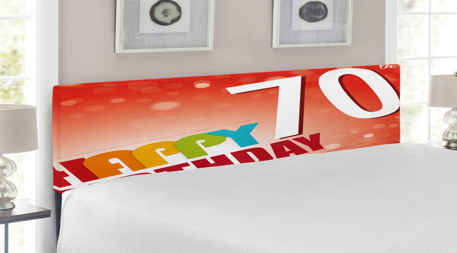 Ambesonne 70th Birthday Headboard - Vibrant Abstract Party Design with Happy Birthday Slogan, Upholstered Metal Bed Frame with Memory Foam Padding, King Size in Red & Orange - Perfect for Birthday Themed Bedrooms & Party Decorations