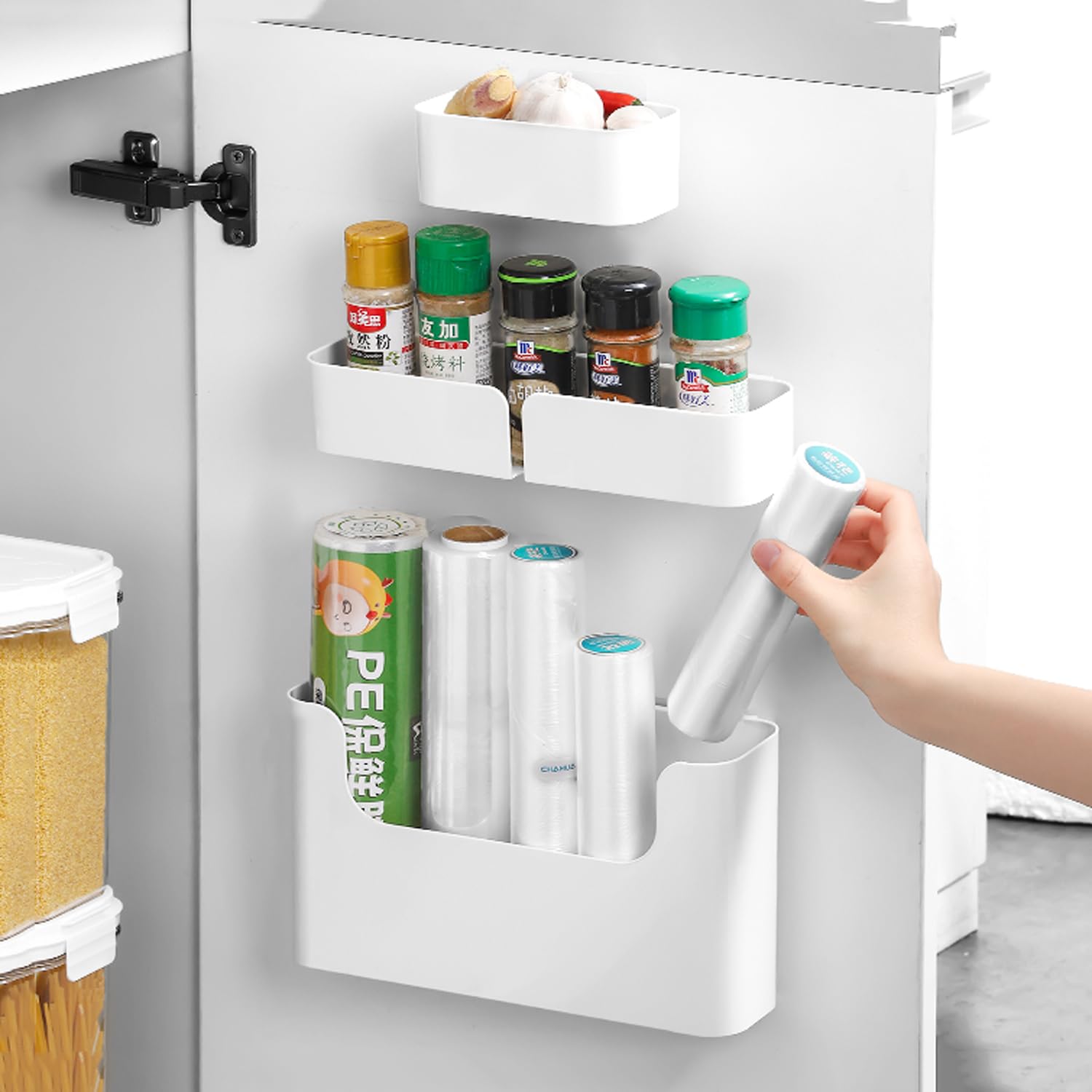 MORNITE 4-Pack Adhesive Cabinet Door Organizer - White Storage Shelves for Kitchen, Bathroom, RV, Pantry, Bedroom & Closet - Space Saving Door Rack for Spices, Cleaning Supplies & Toiletries - Perfect for Small Homes & Apartments