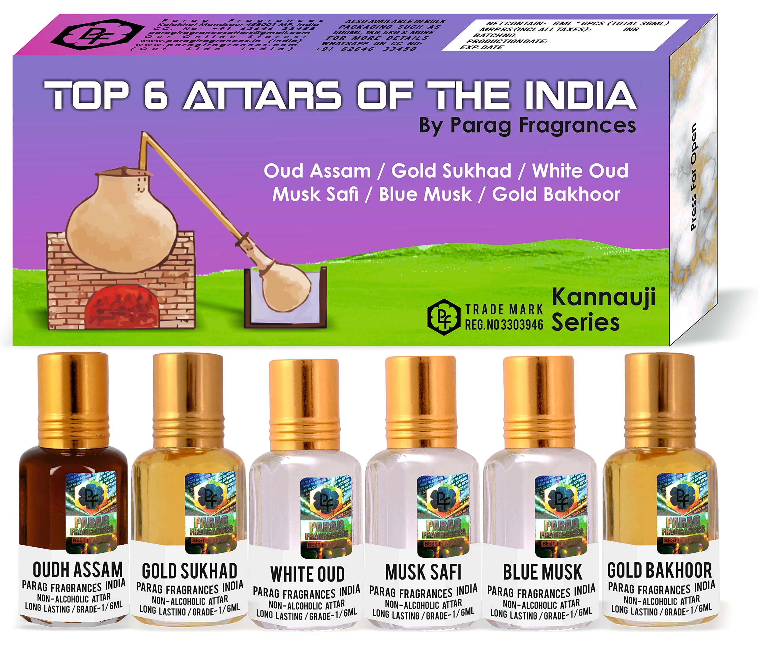 Premium Alcohol-Free Attar Gift Set - Top 6 Indian Fragrances (Oudh, White Oud, Musk Safi) | Unisex Perfume Oil for Men & Women | Luxury Scent for Weddings, Meditation & Special Occasions