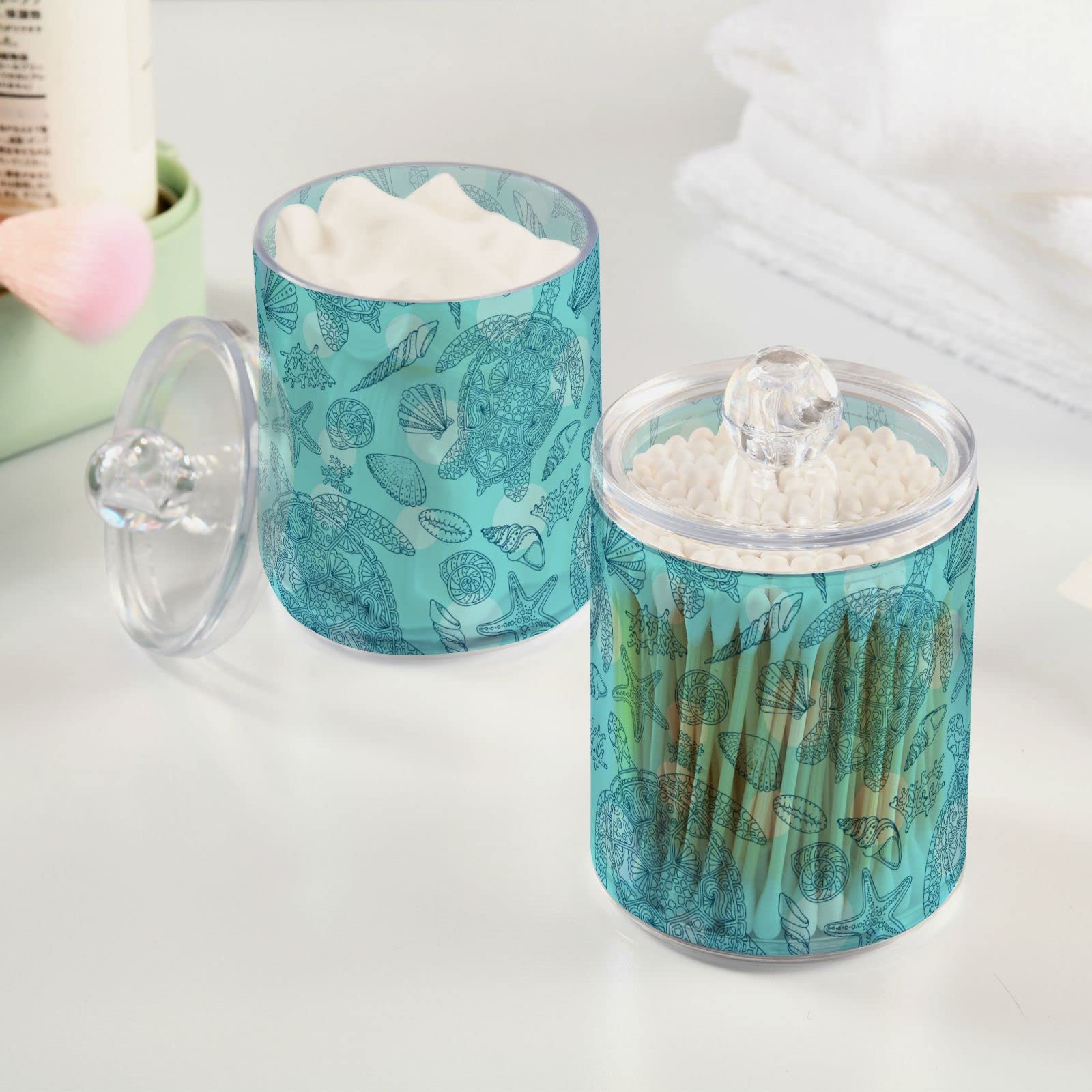 2 Pack Seashell & Turtle Shaped Q-Tip Holder Organizer - Bathroom Storage Canister for Cotton Swabs, Pads, Floss - Perfect for Beach Themed Decor, Spa Essentials & Bathroom Organization
