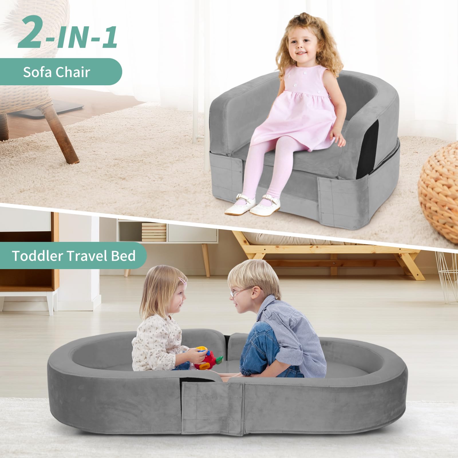 2-in-1 Toddler Travel Bed & Chair - Portable Foldable Baby Bed for Kids 18 Months to 6 Years - Removable Washable Cover (Gray) - Perfect for Camping, Airplane Travel & Sleepovers