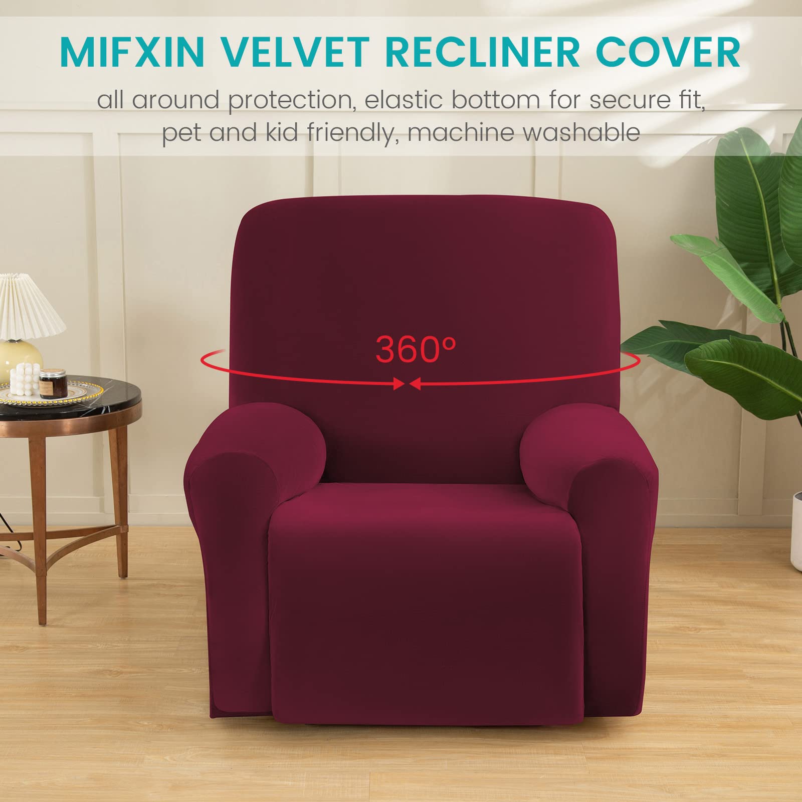 MIFXIN 4-Piece Velvet Stretch Recliner Cover - Soft Thick Elastic Slipcover for 1-Seat Reclining Sofa & Chair, Washable Anti-Slip Furniture Protector for Living Room, Home Theater (Red) - Perfect for Homes with Kids & Pets