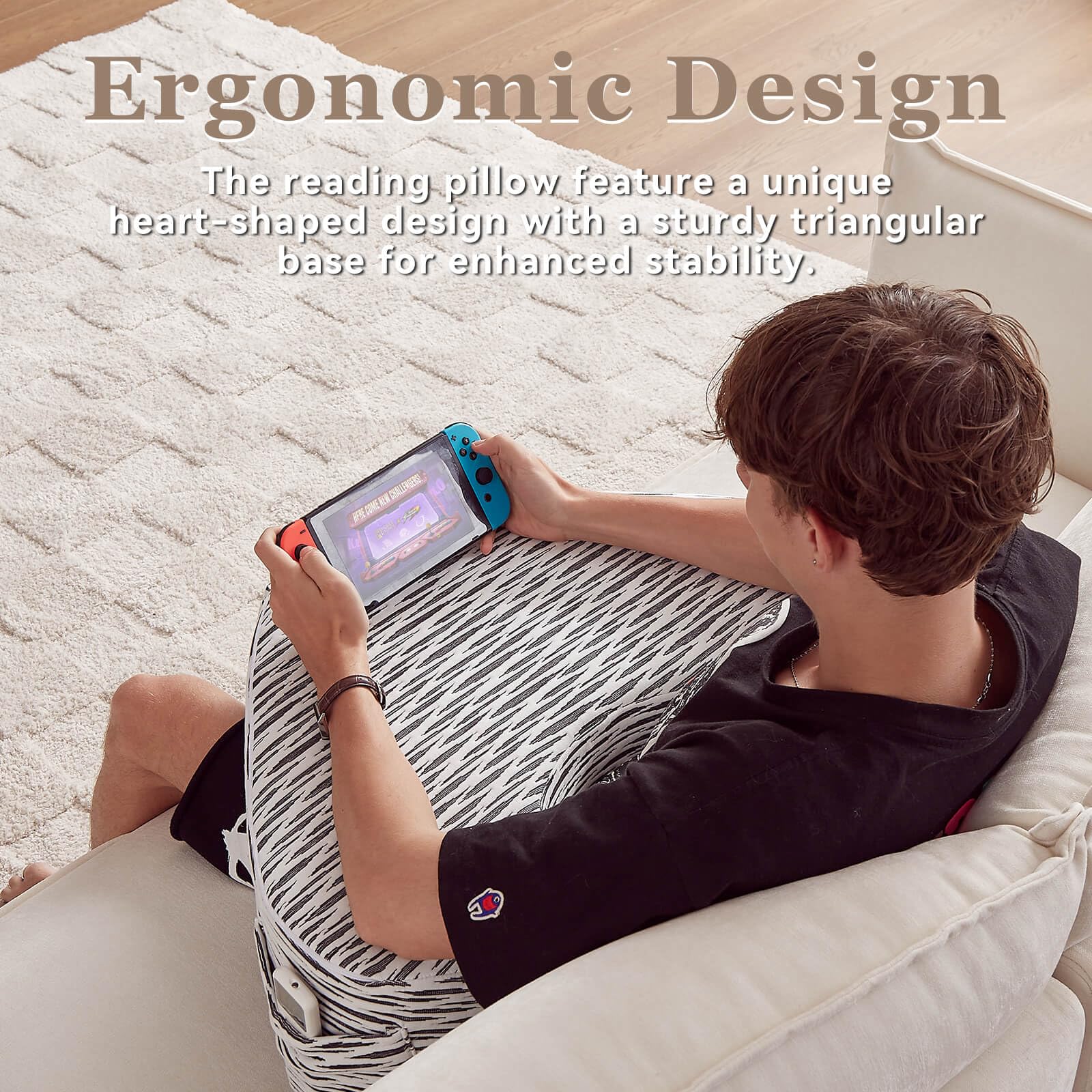 Heart-Shaped Reading Pillow with Lap Desk - Soft Gaming & Book Cushion for Bed, Sofa & Floor - Black & White Stripes - Perfect for Reading, Working & Relaxing at Home