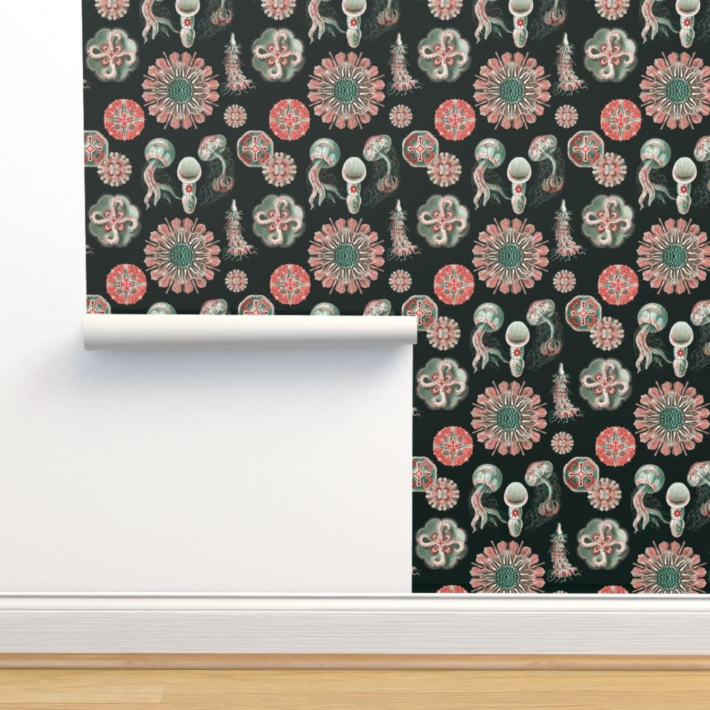 12ft x 2ft Removable Peel & Stick Wallpaper - Antique Nautical Jellyfish Ocean Theme in Red & Turquoise | Self-Adhesive Wallpaper for Bedroom, Bathroom, Nursery & Home Decor | Easy DIY Installation by Spoonflower