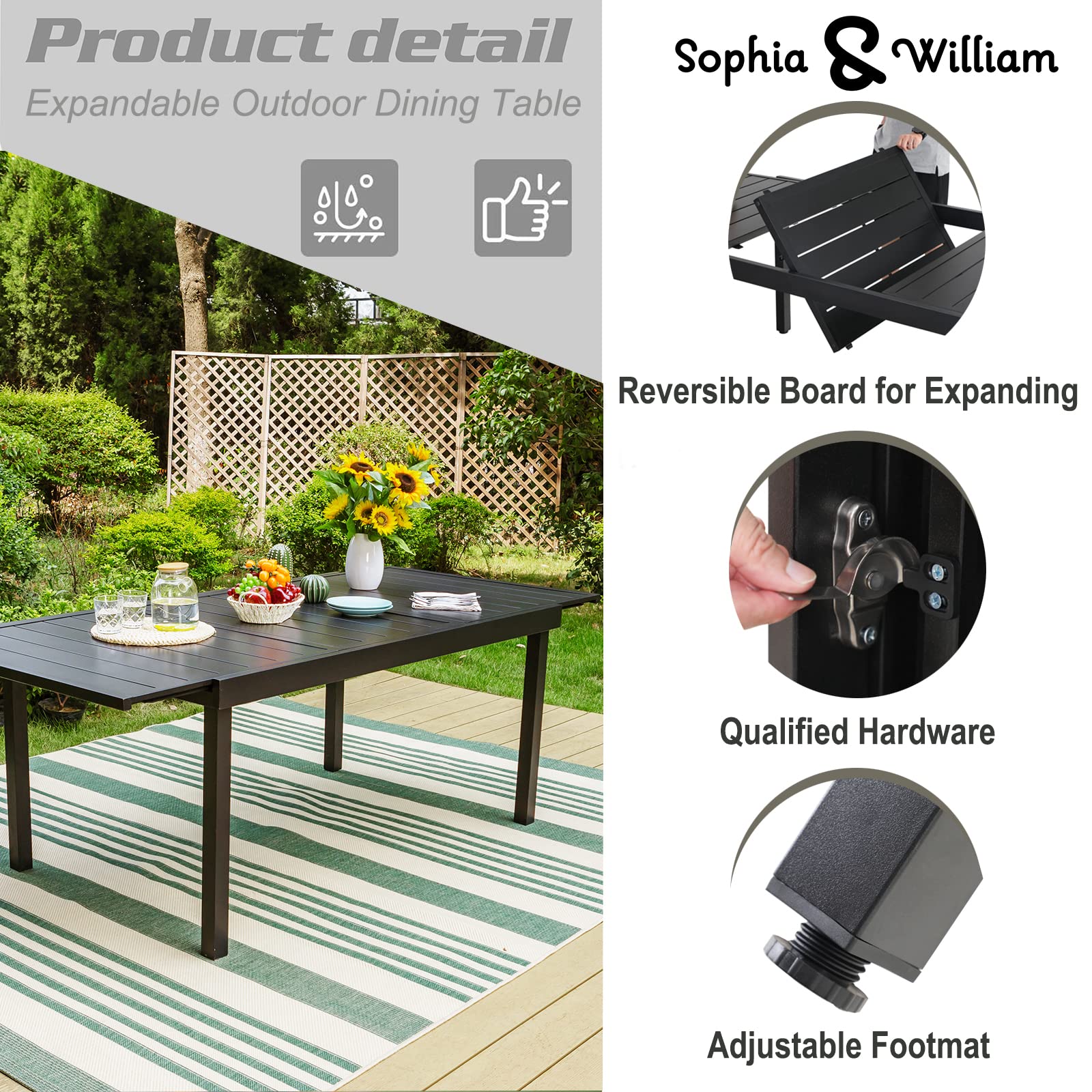 Sophia & William 9-Piece Outdoor Patio Dining Set for 6-8 People - Expandable Metal Table & PE Rattan Chairs with Cushions - Modern Conversation Furniture for Terrace, Porch, Backyard, Garden or Poolside Entertaining