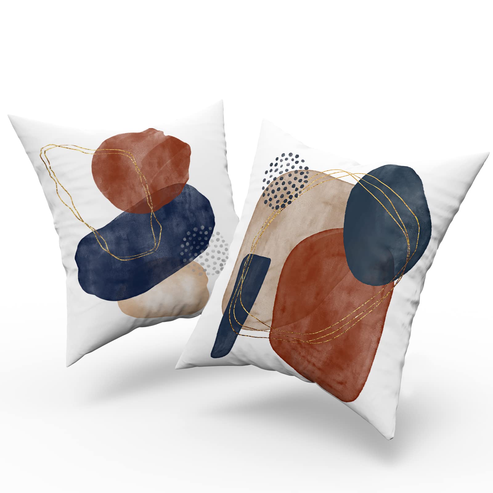 Geometric Throw Pillow Covers 18x18 Inches - Abstract Boho Pillow Cases Set of 2 in Navy Blue, Burnt Orange & Gold - Midcentury Modern Decor for Couch, Sofa, Bedroom & Living Room