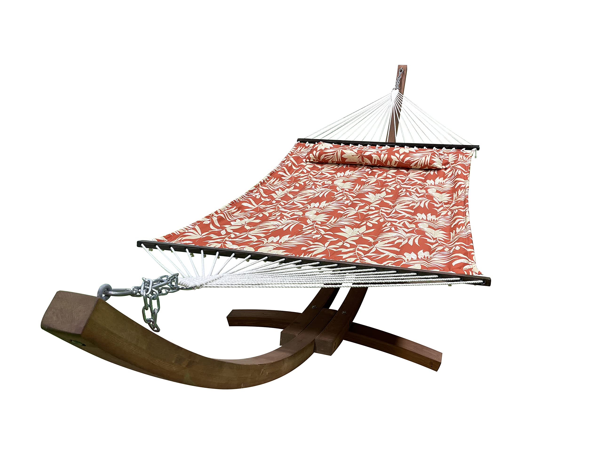 14 Ft. Wooden Arc Hammock Stand with Deluxe Quilted Double Padded Hammock Bed & Pillow - 2 Person Outdoor Hanging Bed - 450 LB Weight Capacity (Teak Stain/Elegant Floral) - Perfect for Backyard Relaxation, Patio Lounging & Garden Getaways