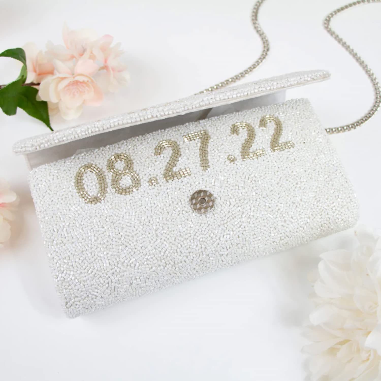 Personalized Beaded Clutch Purse for Women - Silver Chain Crossbody Bag - Custom Wedding Clutch for Bridal Shower, Bachelorette Party & Honeymoon - Elegant Evening Bag for Date Night & Special Occasions