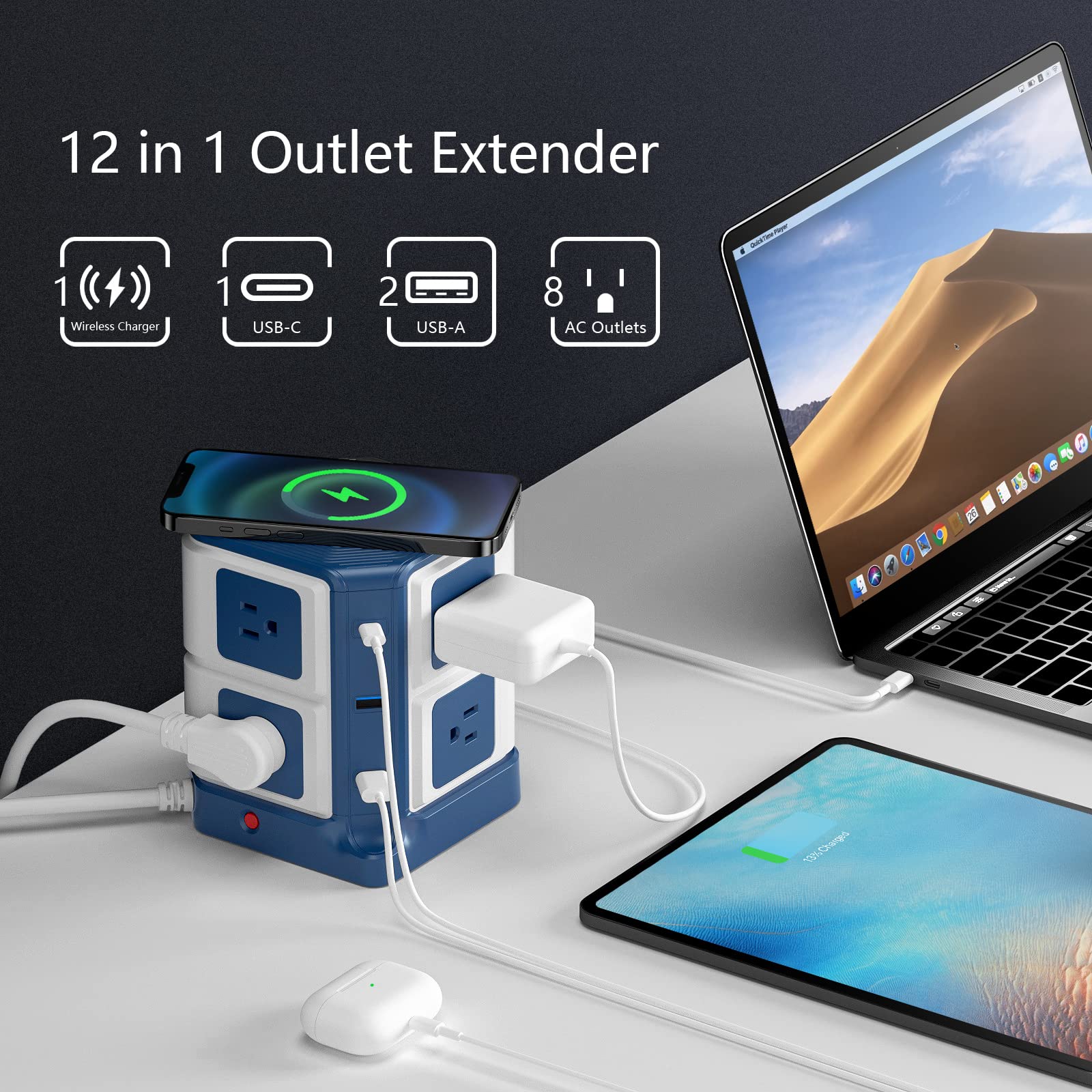 BESTEK 20W USB C Power Strip with Wireless Charger - 8-Outlet Surge Protector, 30W 3-Port USB Charging Station, 4000 Joules, ETL Certified - Ideal for Dorm Rooms, Offices, and Home Use (8AC+3USB+Wireless Charger, Blue)