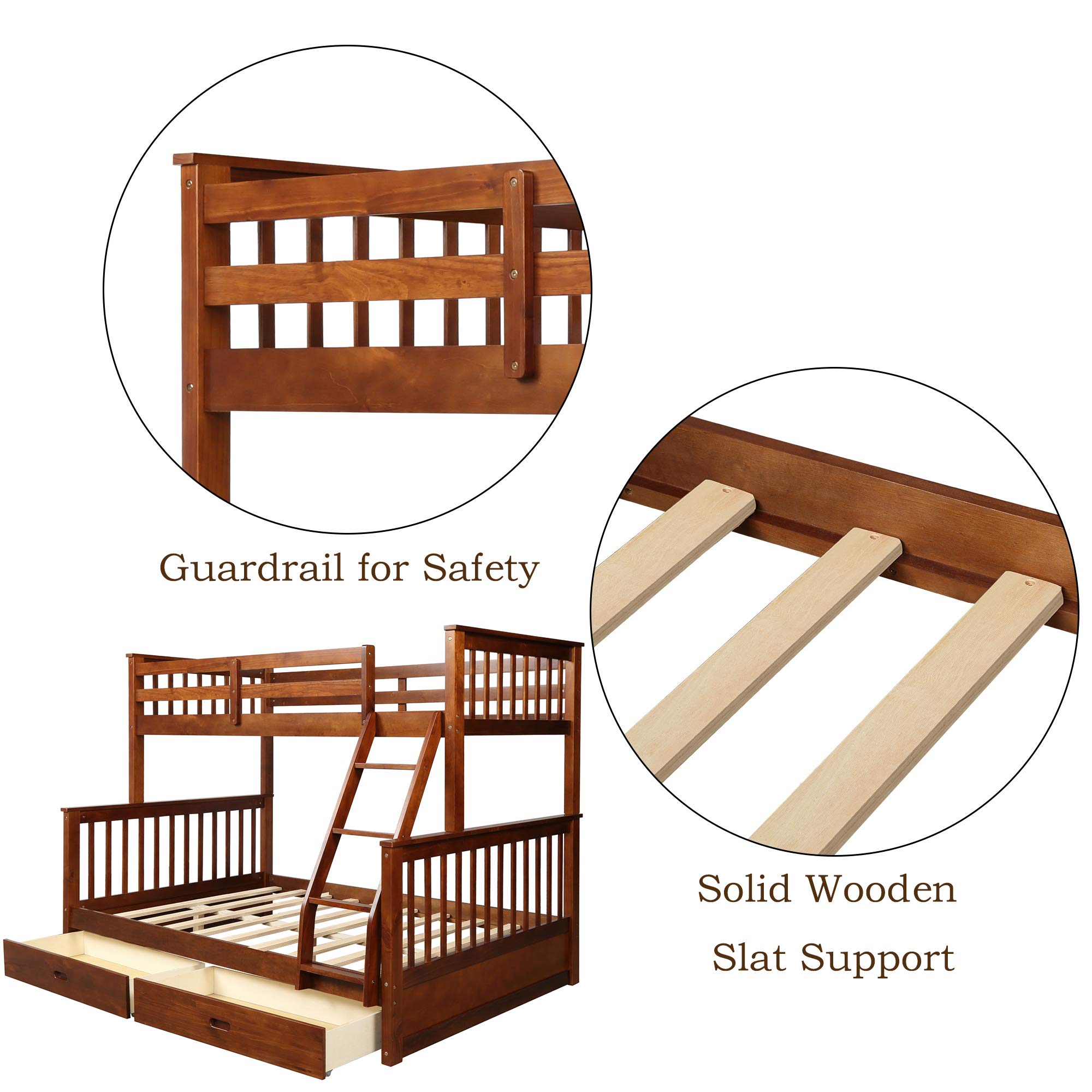 Harper & Bright Designs Twin Over Full Bunk Bed with Storage Drawers - Solid Wood Bunk Bed Frame with Ladder - Space Saving Kids Bedroom Furniture in Walnut Finish - Perfect for Small Rooms, Shared Kids Bedrooms & Guest Rooms