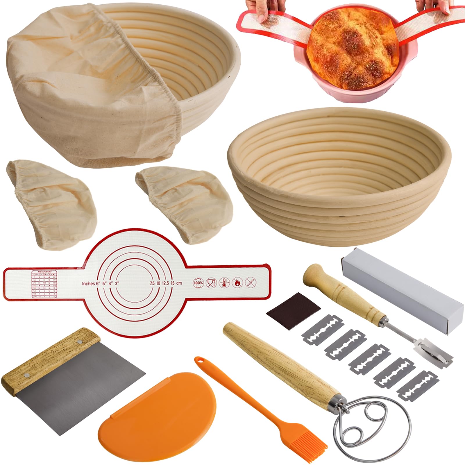 16PCS Bread Proofing Basket Kit - 9 Inch Round Sourdough Banneton Set with Dough Whisk, Linen Liner, Scraper & Bread Lame | Professional Sourdough Baking Supplies for Artisan Bread Making | Perfect for Home Bakers & Commercial Bakeries