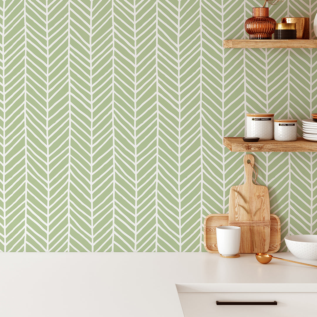 Green Chevron Herringbone Peel and Stick Wallpaper CC032 - Self-Adhesive Removable Wallpaper for Bedroom, Living Room, Nursery & Office Decor