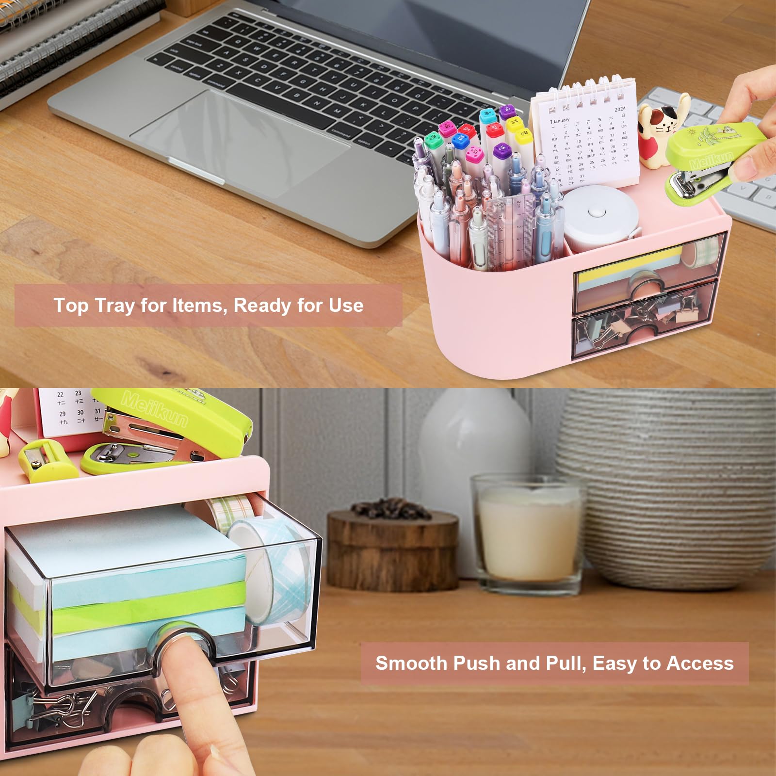 Pink Desk Organizer with 2 Drawers & 4 Compartments - Pen Holder, Pencil Organizer for Office & Home Storage - Perfect for School Supplies, Stationery & Workspace Organization