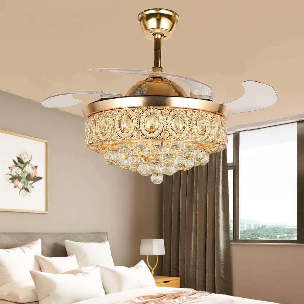 RuiWing 42 Inch Retractable Crystal Ceiling Fan with LED Lights and Remote Control - Invisible Blades Chandelier Fan with 3 Color Temperatures & 3 Speed Settings - Modern Crystal Fandelier for Bedroom, Living Room, Dining Room - Perfect for Home Decor and Air Circulation