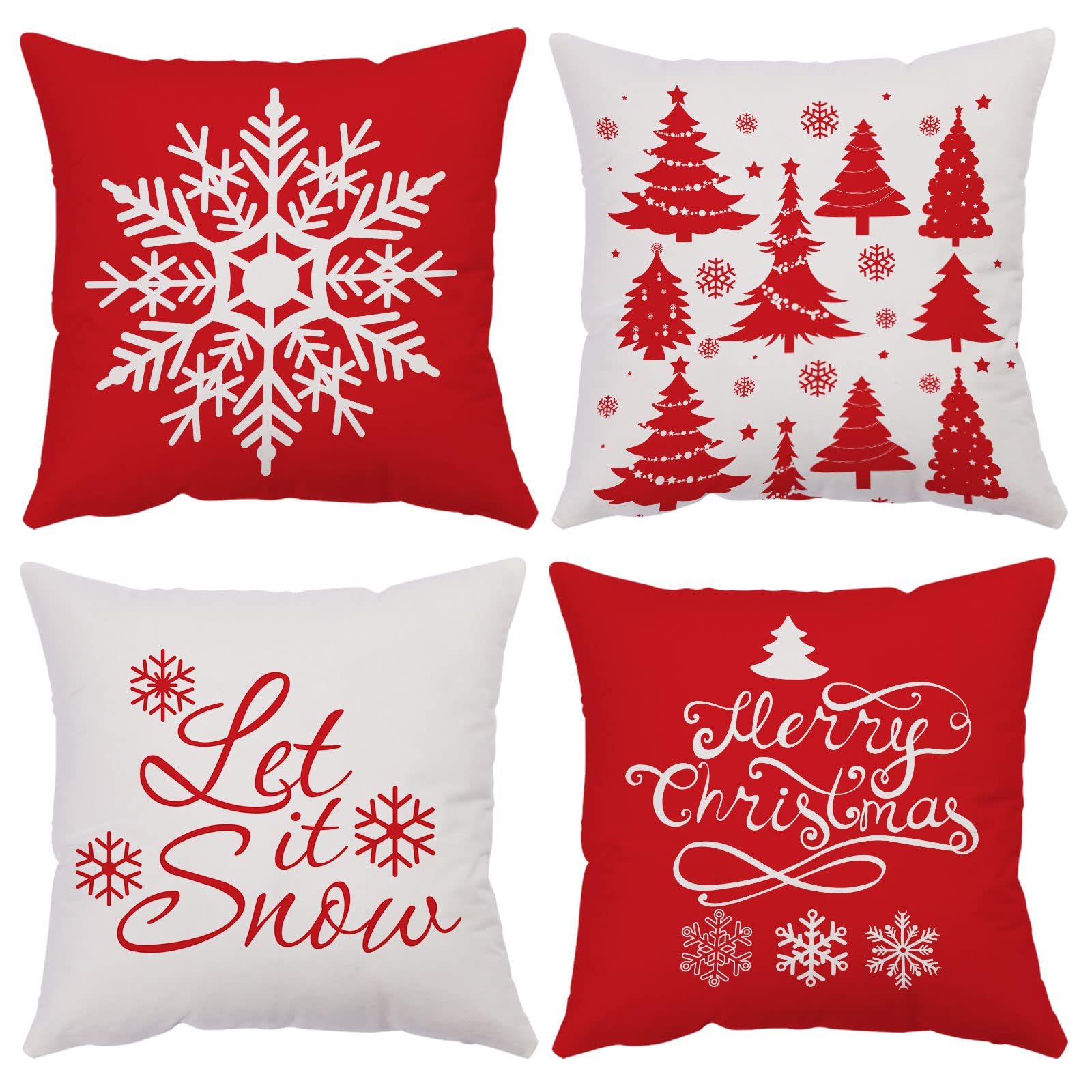 YeeJu Set of 4 Christmas Velvet Pillow Covers 20x20 Inch - Red Holiday Tree & Snowflake Design for Sofa, Couch, Bedroom Decor - Perfect for Christmas Home Decor, Gift Giving & Winter Cozy Living Room