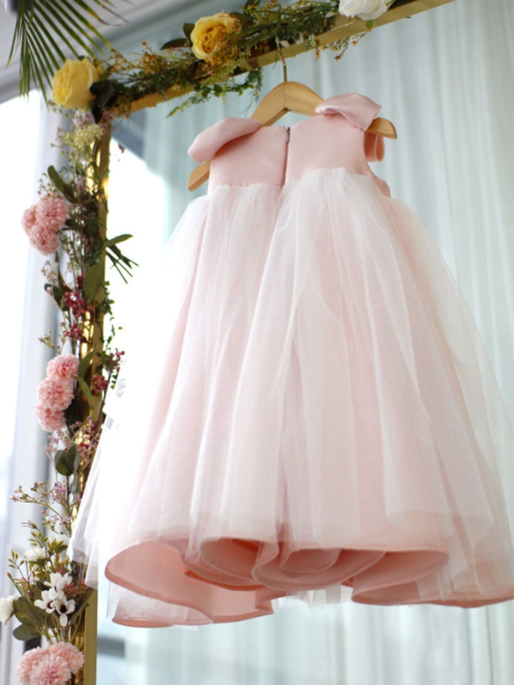 Pink Princess Round Tea Length Satin Flower Girl Dress - Perfect for Weddings, Birthday Parties & Special Occasions