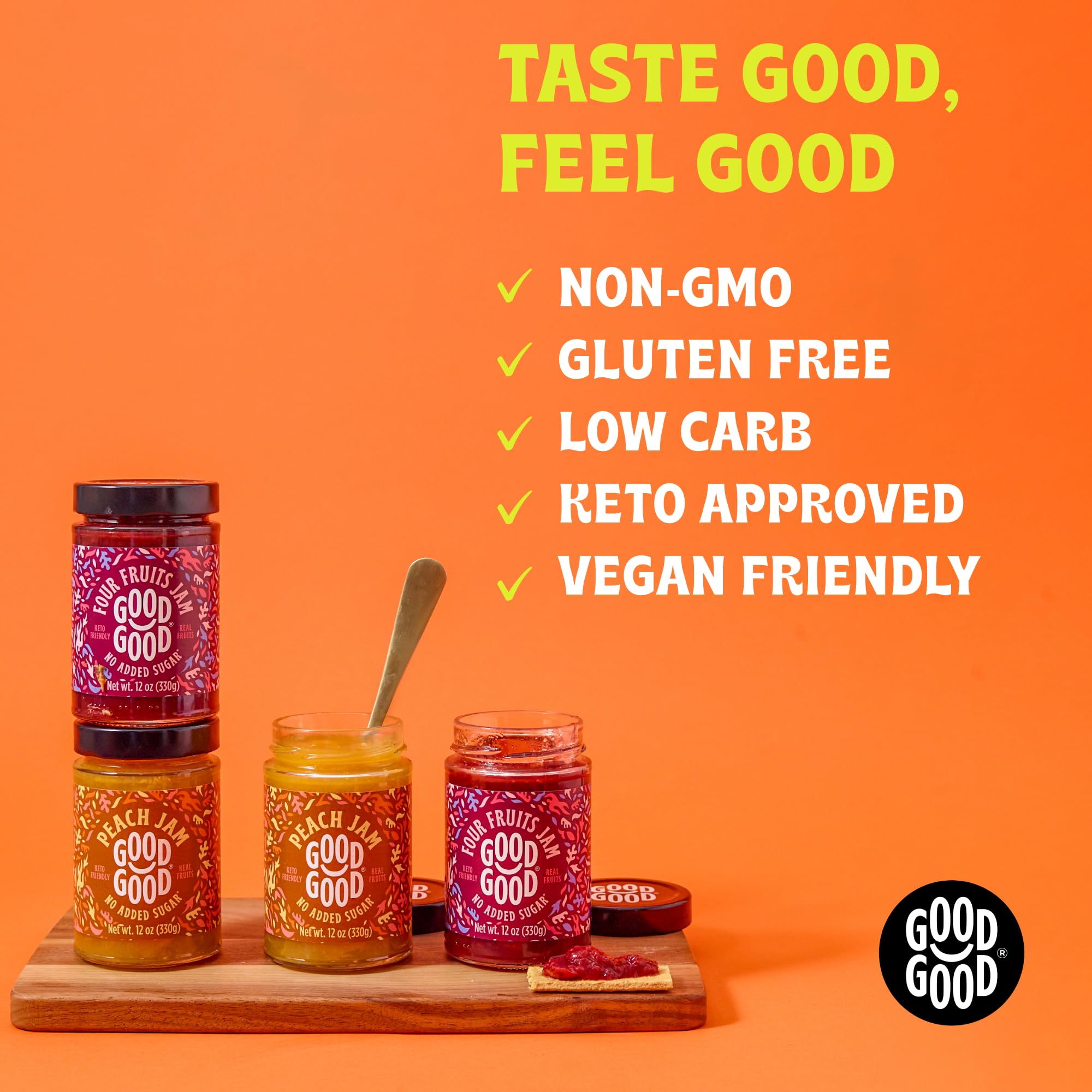 GOOD GOOD Sweet Peach Jam - Low Calorie, Low Carb & No Added Sugar Keto Friendly Jelly - Vegan, Gluten Free Fruit Preserves - 12oz (Pack of 1) - Perfect for Toast, Yogurt & Keto Diet Breakfast