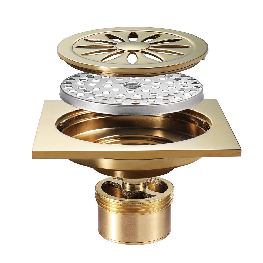 4 Inch Square Gold Shower Drain - Brass Bathroom Floor Drain with Removable Cover Grate - Anti-Clog Shower Waste Drain for Bathroom, Shower Stall & Wet Room Installation
