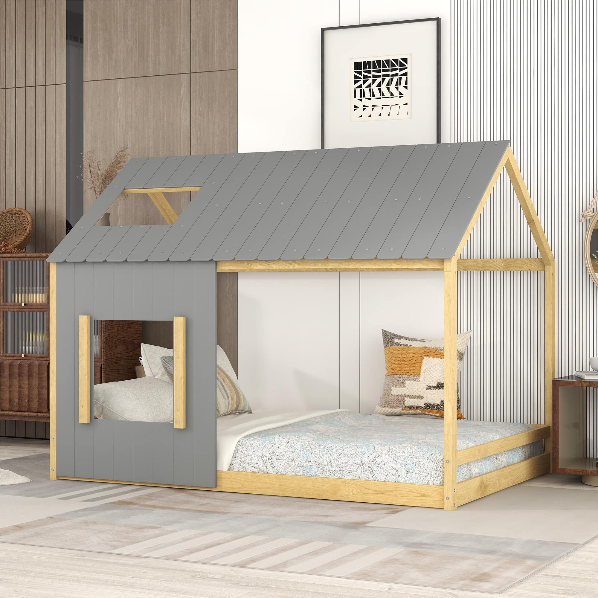 Montessori Floor Bed for Kids - Full Size Wooden Playhouse Bed with Roof & Window, No Box Spring Needed - Toddler Bed for Girls & Boys (Gray + Natural) - Perfect for Bedrooms, Playrooms & Montessori Learning Spaces