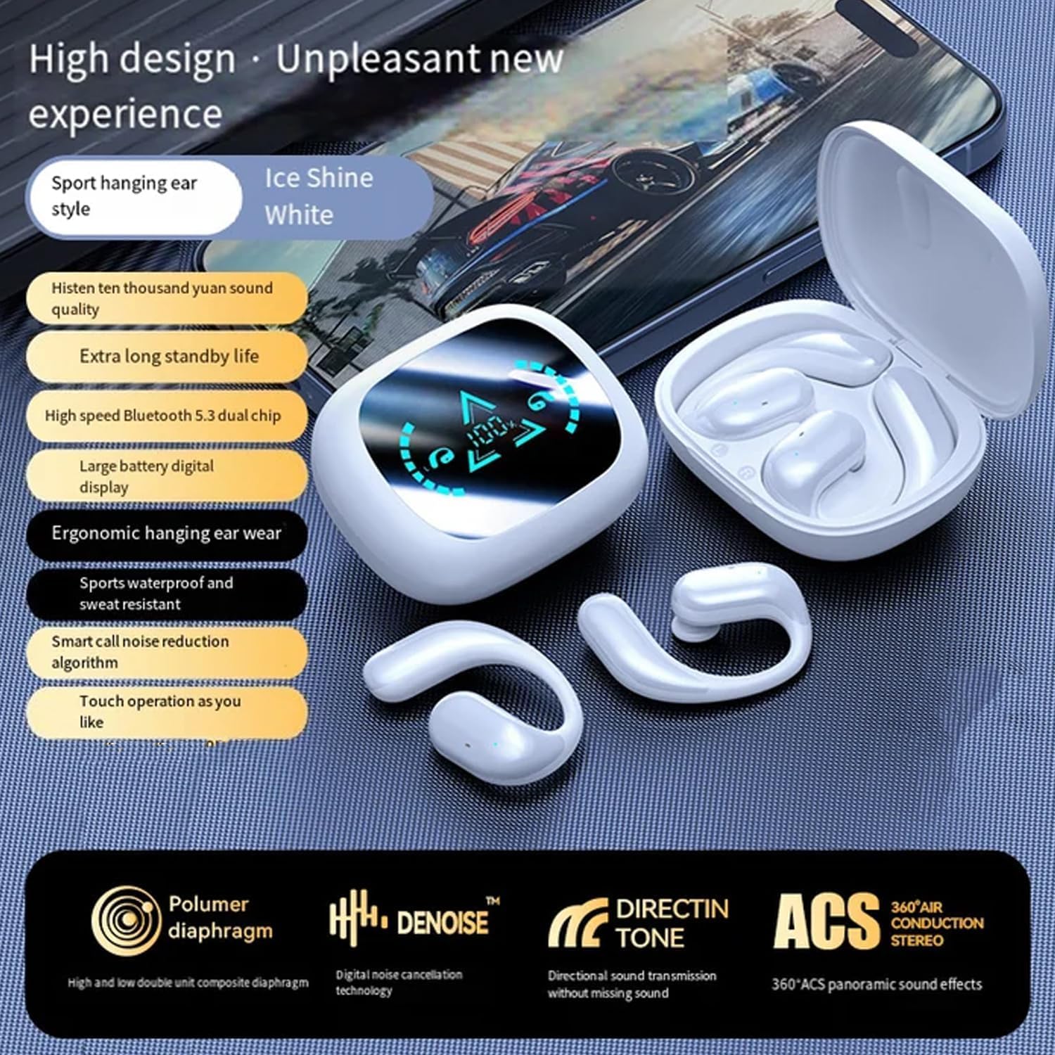 Niblido Over The Ear Wireless Earbuds Xp2 - Bluetooth 5.4 Open Ear Headphones with Touch Screen Display, Sweatproof for Running, Gym & Outdoor Sports (Black) - Comfortable Lightweight Design for All-Day Wear