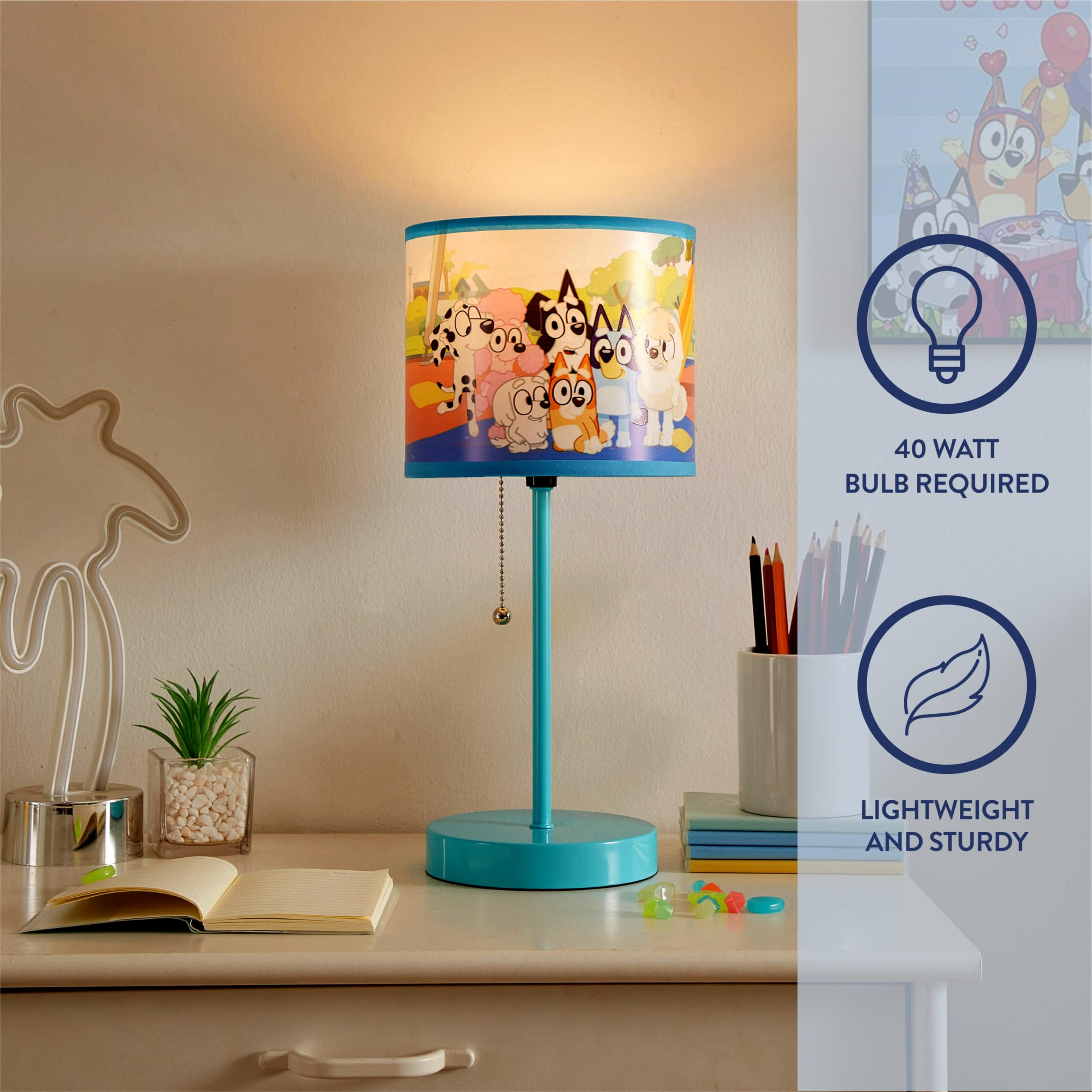 Bluey Printed Kids Table Lamp with Pull Chain - Fun Night Light for Bedroom, Nursery & Playroom - Perfect Gift for Bluey Fans