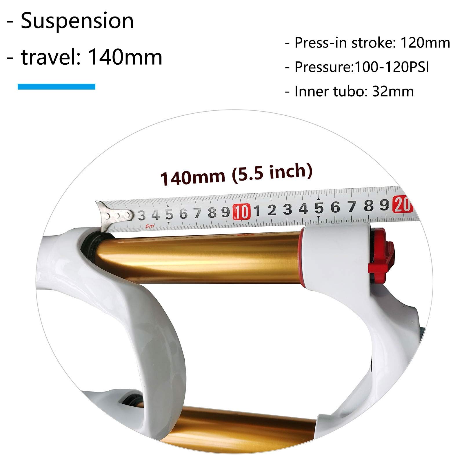 Mountain Bike Air Suspension Fork - 26/27.5/29 Inch Magnesium Alloy Front Fork with 140mm Travel, 9mm QR, Tapered Manual Lock Out (White) - Perfect for Trail Riding, Downhill & Cross-Country Cycling