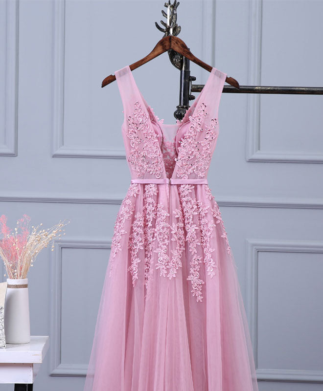 Elegant Pink V-Neck Lace Tulle Long Prom Dress for Women - Formal Evening Gown for Homecoming, Wedding Guest & Special Occasions