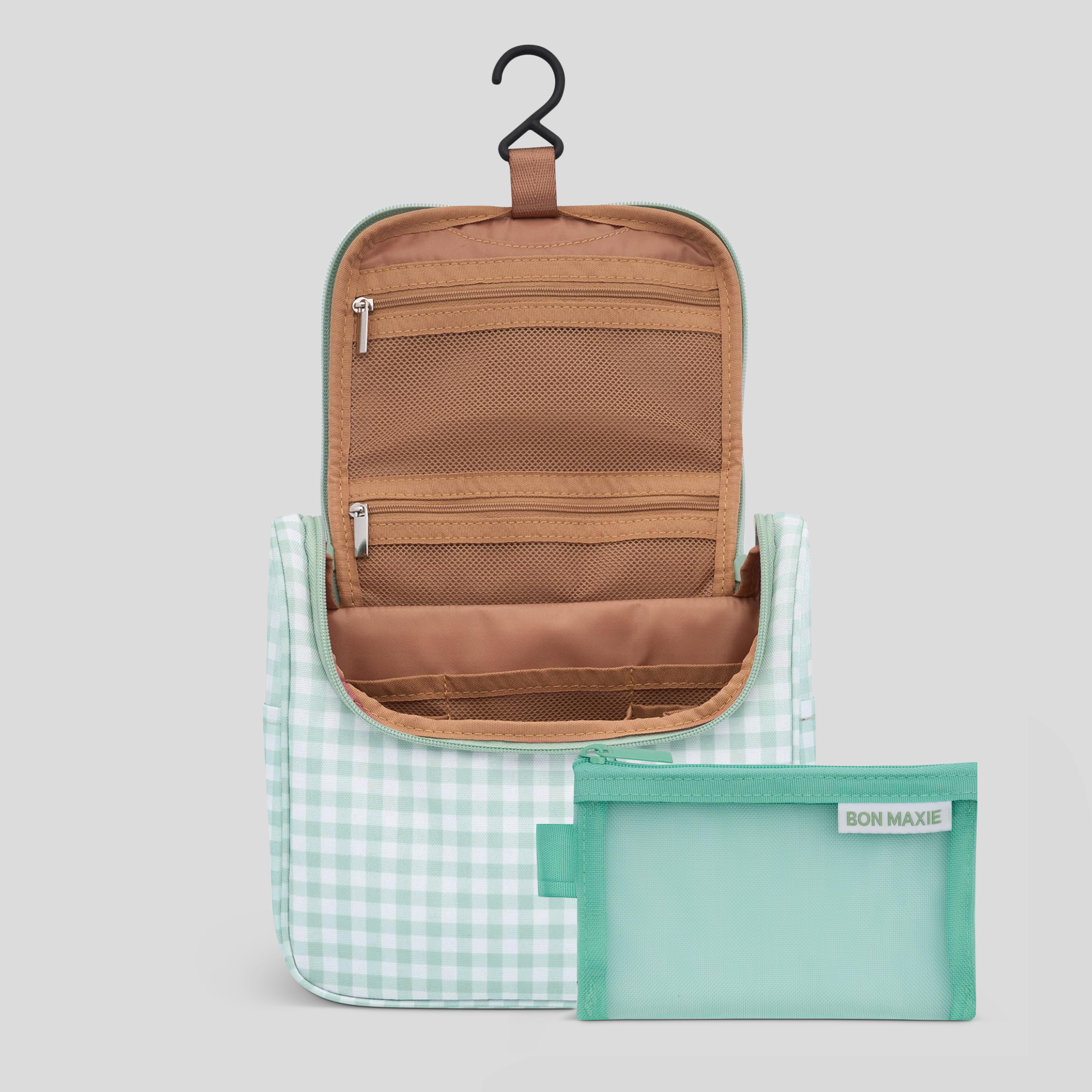 Bon Voyage Travel Toiletry Bag - Waterproof Hanging Cosmetic Organizer with Sage Gingham Pattern | Perfect for Vacation, Business Trips & Camping Essentials