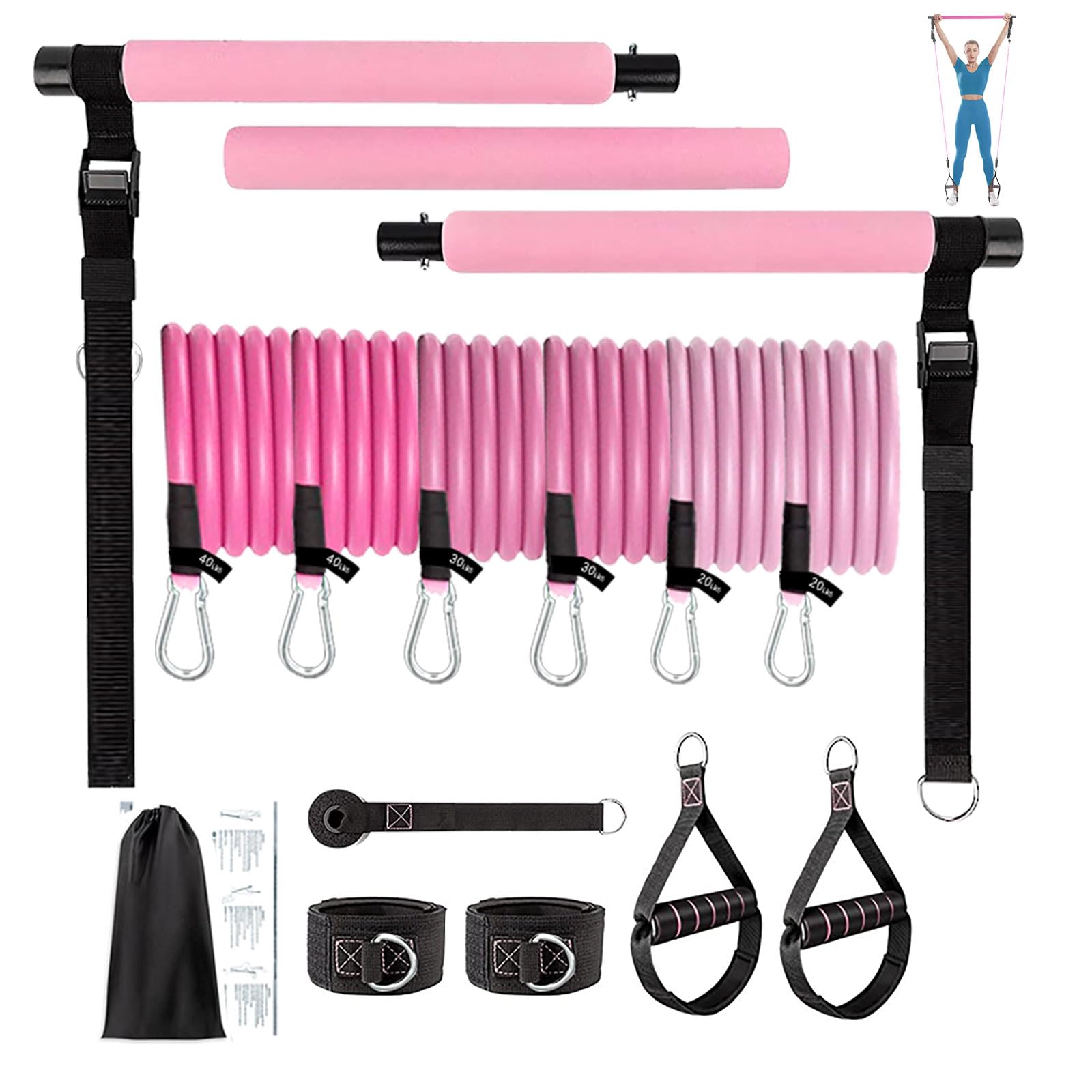 Pilates Bar Kit with 6 Resistance Bands - Yoga Exercise Bar & Ab Roller - Portable Home Gym Equipment for Women & Men - Leg, Hip, Waist & Arm Workout - Perfect for Home Fitness, Yoga Studio & Travel Workouts