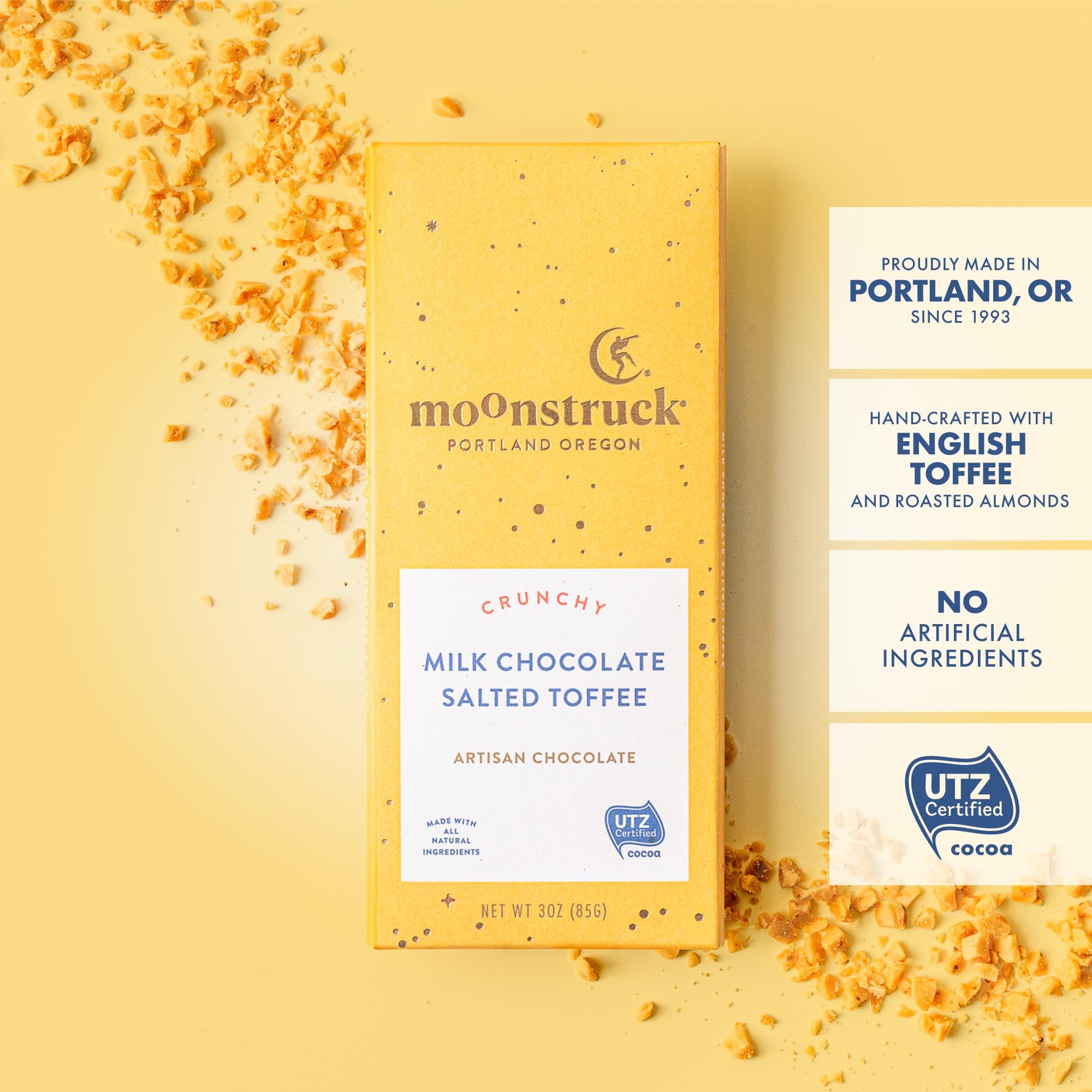 Moonstruck Chocolate Salted Toffee Milk Chocolate Bar - 31% Cacao, 3.0oz (Pack of 12) | Gourmet Chocolate Gift for Holidays, Parties & Dessert Lovers