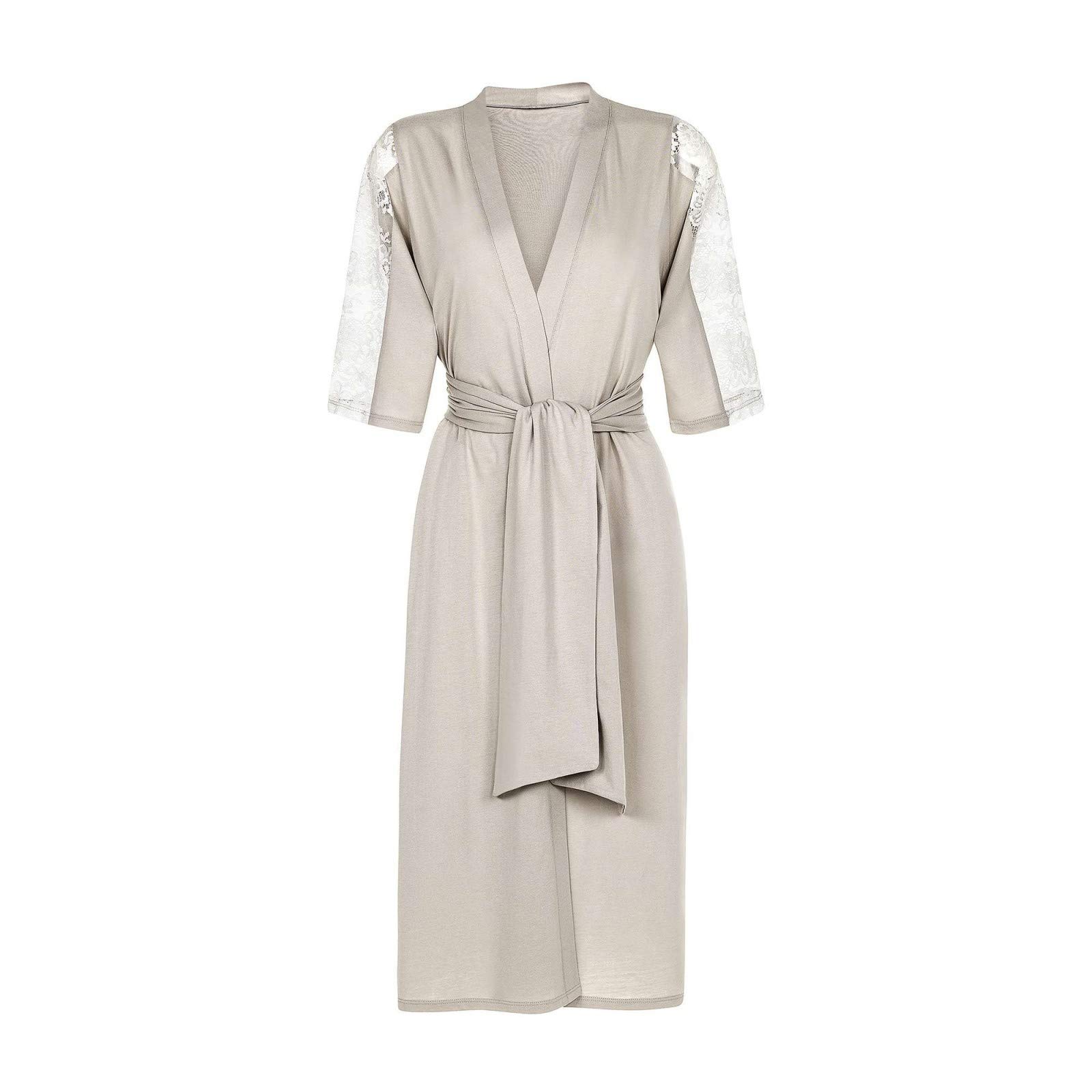 Togas Pale Beige-Gray Lace-Trimmed Sleeve Women's Robe Estelle - 50% Modal 50% Cotton - Soft & Comfortable Homewear for Relaxing, Spa Days & Bridal Lounging