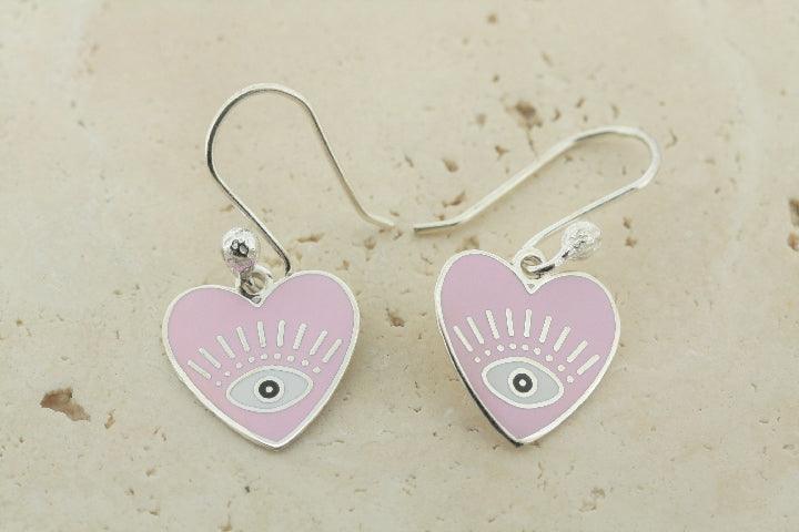 Pink Heart Drop Earrings with Protective Eye - Elegant Dangle Earrings for Women, Perfect for Valentine's Day, Date Night & Special Occasions