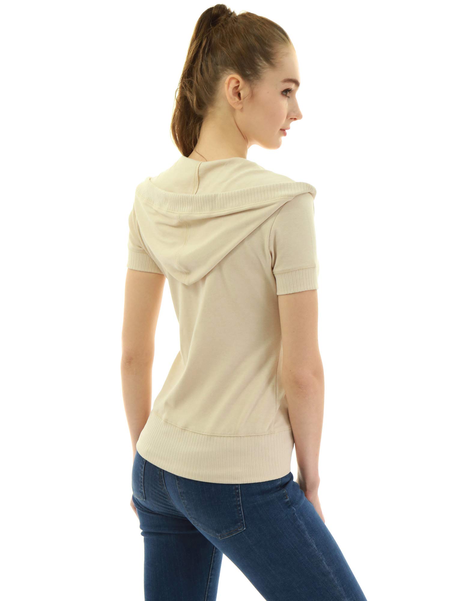 AmélieBoutik Women's Cotton Blend Zip-Up Hoodie with Kangaroo Pocket - Short Sleeve Casual Jacket for Spring & Fall Outdoor Activities