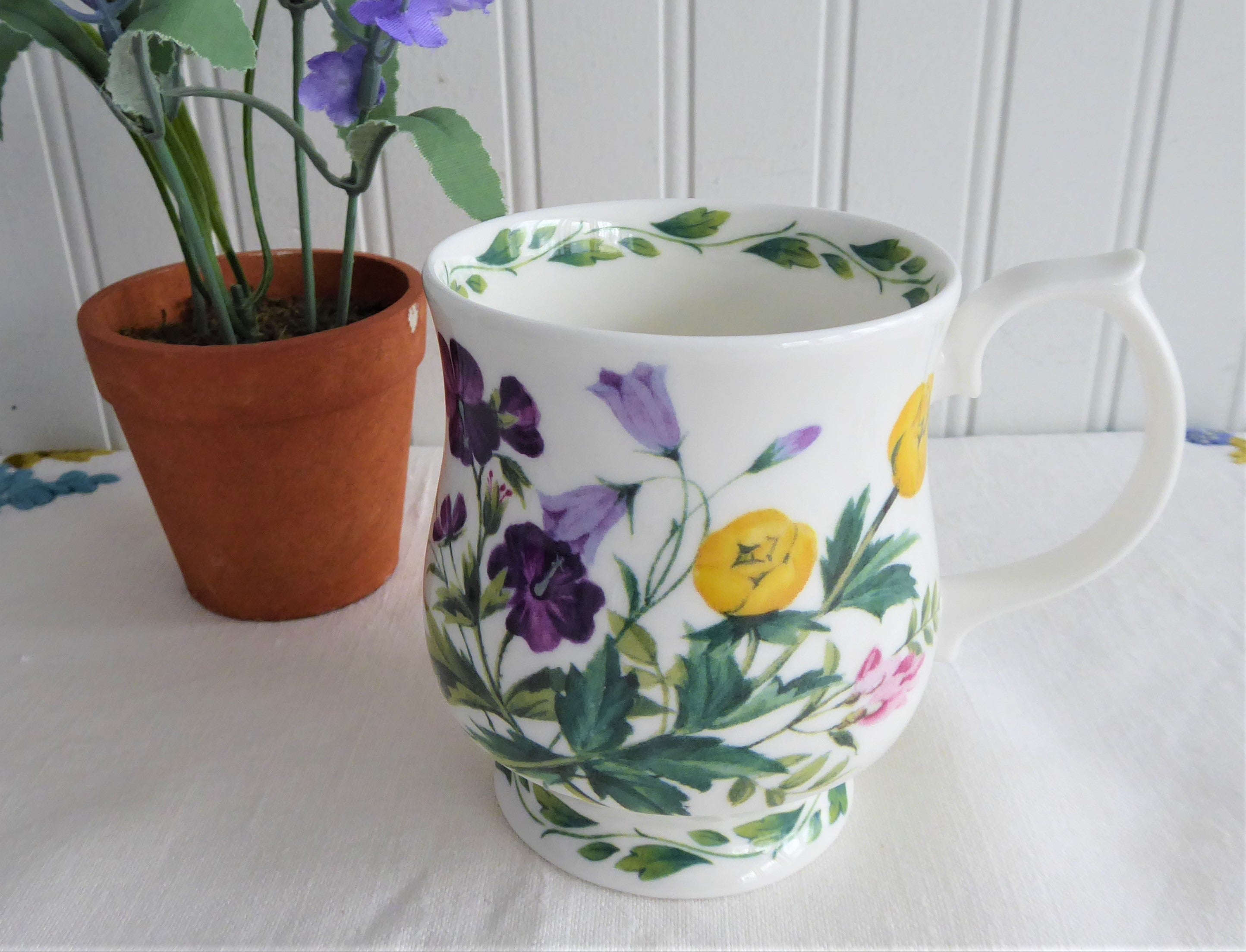 Vintage 1990s English Bone China Mug - RHS Queens Purple Yellow Lavender Flowers Design | Elegant Tea & Coffee Cup for Home, Office, and Garden Use