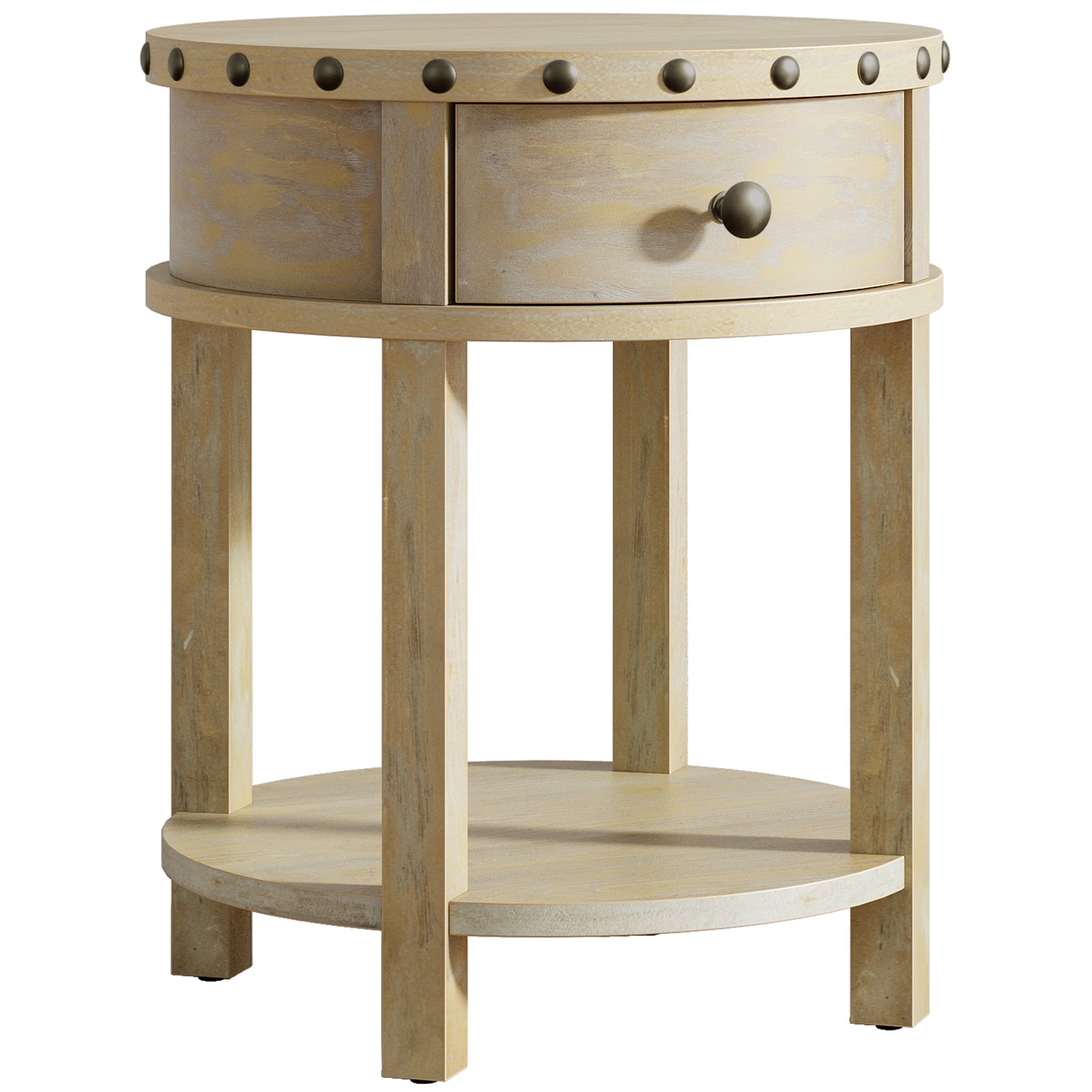 Farmhouse Round Nightstand with Drawer - Solid Wood Bedside Table for Bedroom, Living Room & Guest Room - Rustic Home Decor & Functional Storage Solution