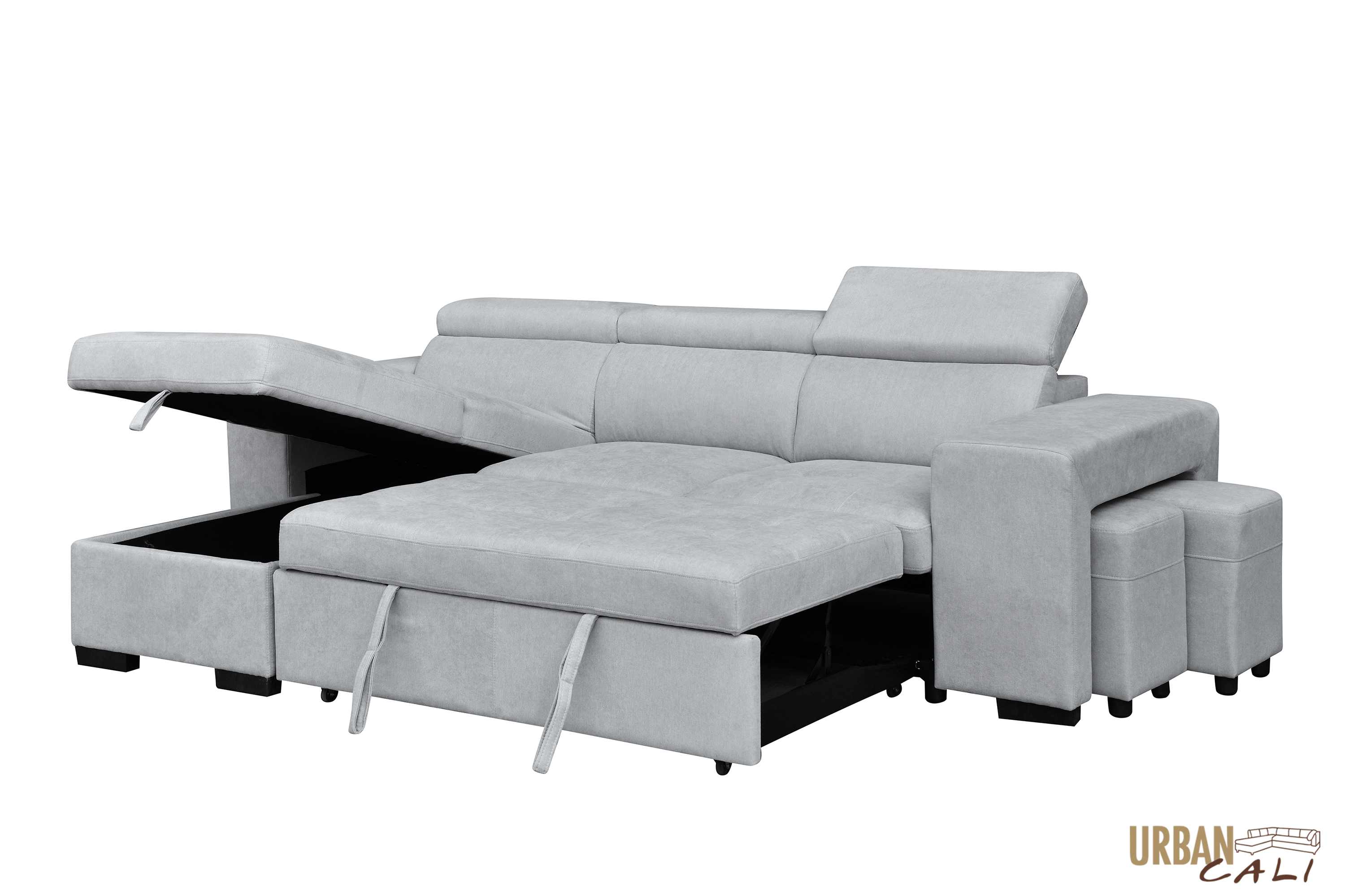 Sonoma Sleeper Sectional Sofa Bed with Reversible Storage Chaise & 2 Stools - Grey Canvas Fabric | Perfect for Small Spaces, Guest Rooms & Multi-Functional Living Areas