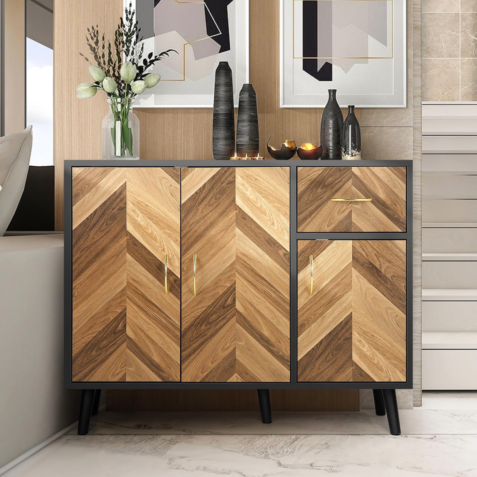 SIHANM 3-Door Sideboard Buffet Cabinet with Drawers & Shelves - Sturdy Free-Standing Storage Cabinet for Hallway, Living Room, Entryway & Kitchen | Perfect for Organizing Dishes, Linens & Home Decor
