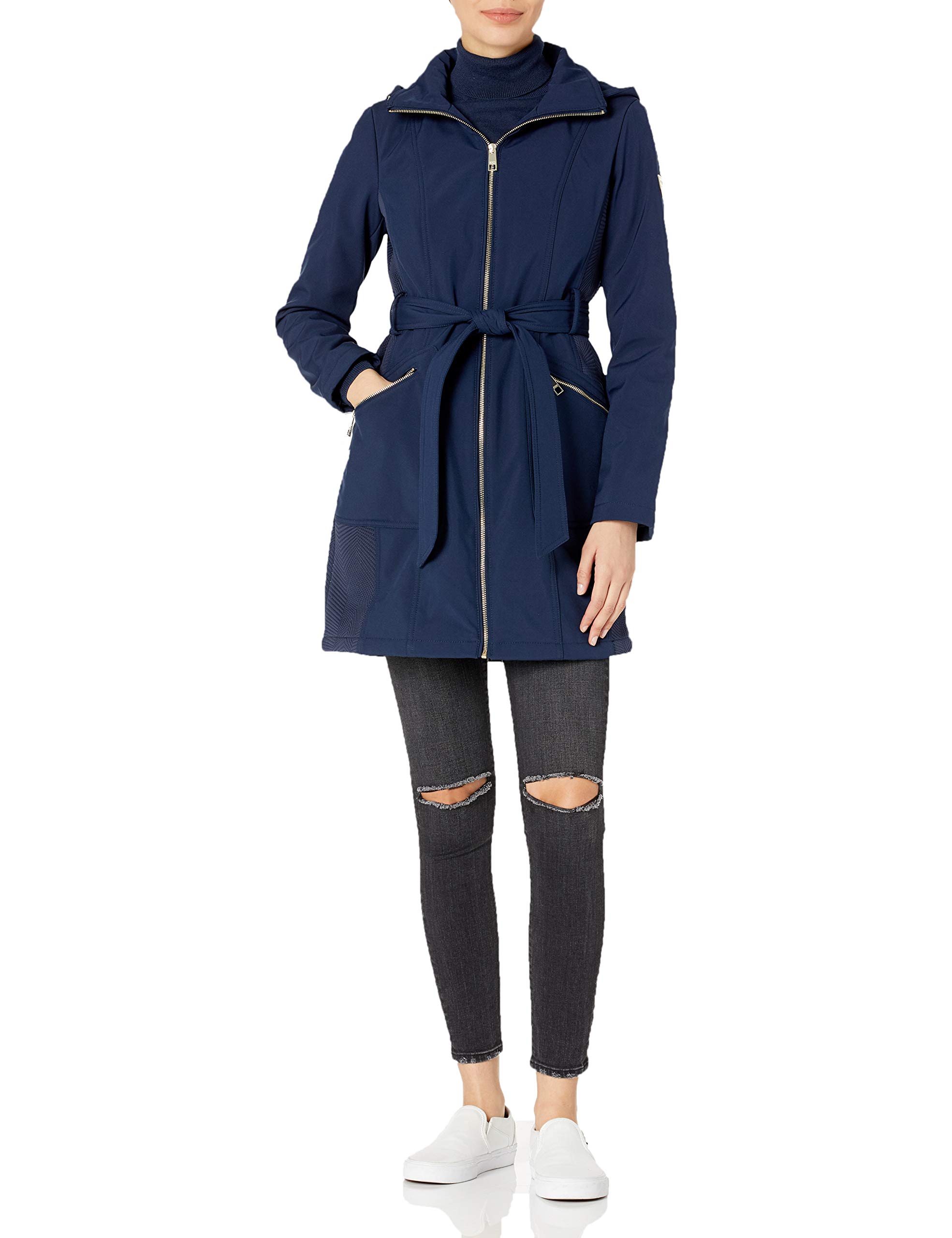 GUESS Women's Hooded Softshell Jacket - Waterproof Windbreaker with Belt for Outdoor Hiking, Running & Casual Wear