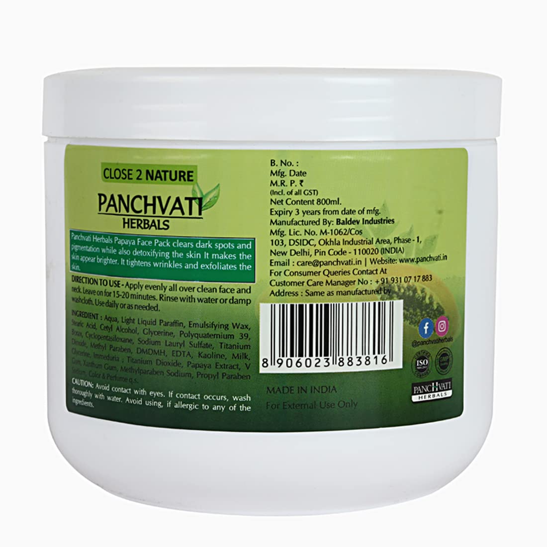 Panchvati Herbals Regular Papaya Face Mask for Glowing Skin | 800ml Exfoliating Face Pack to Remove Dead Skin Cells & Anti-Aging Treatment | Perfect for Daily Skincare Routine & Spa Day at Home