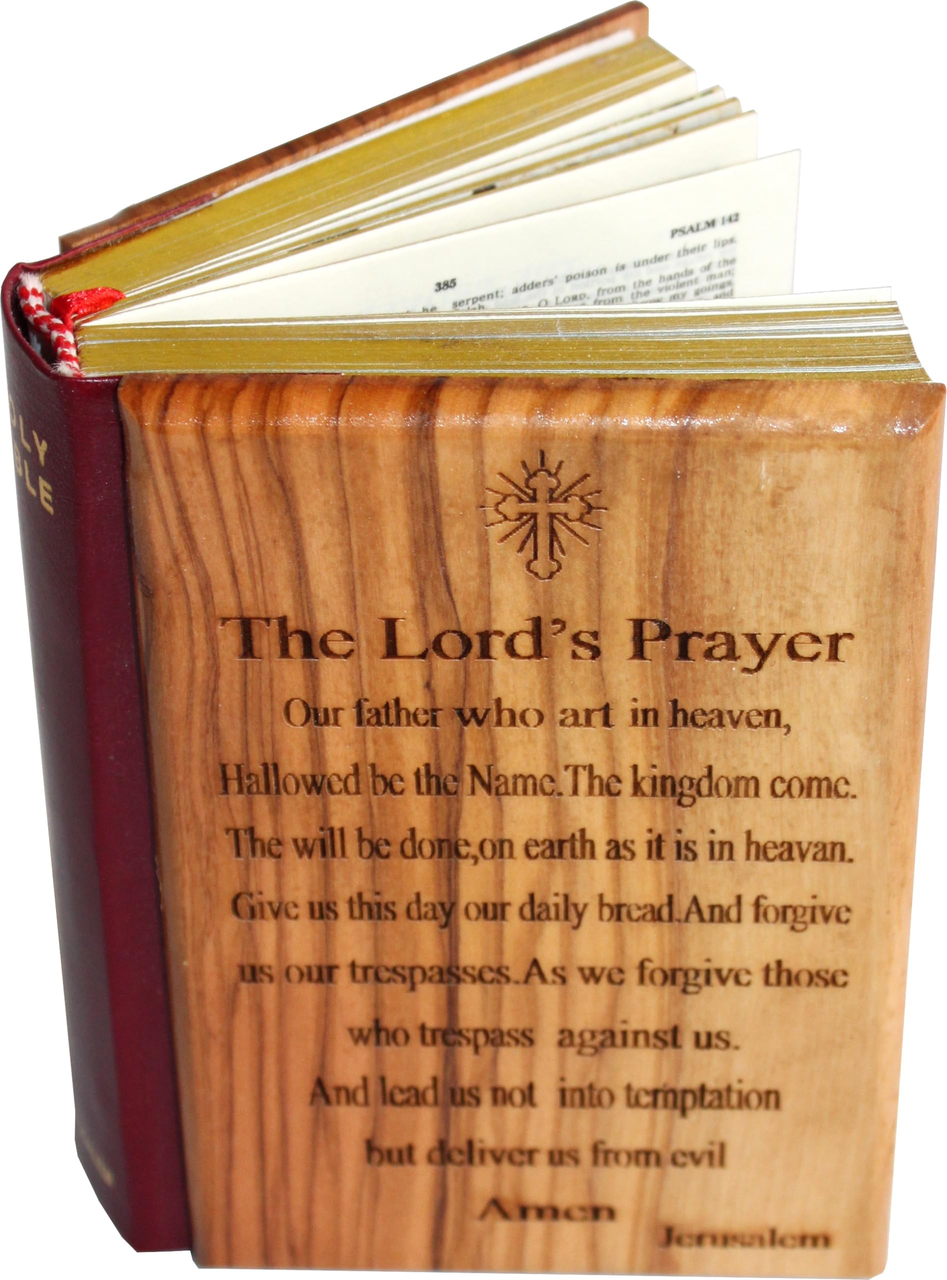 Jerusalem Bible - Olive Wood Cover with Carved Lord's Prayer - English Edition (1094 Pages) - Perfect for Christian Devotion, Bible Study & Gift Giving