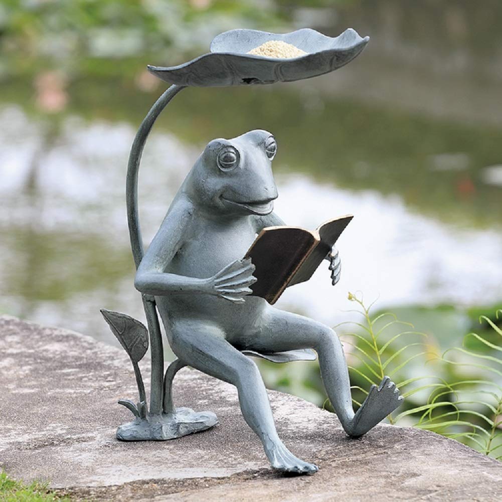 Solar LED Lighted Reading Frog Bird Feeder - Outdoor Garden Decoration for Attracting Birds & Wildlife - Perfect for Backyard, Patio, and Balcony Use