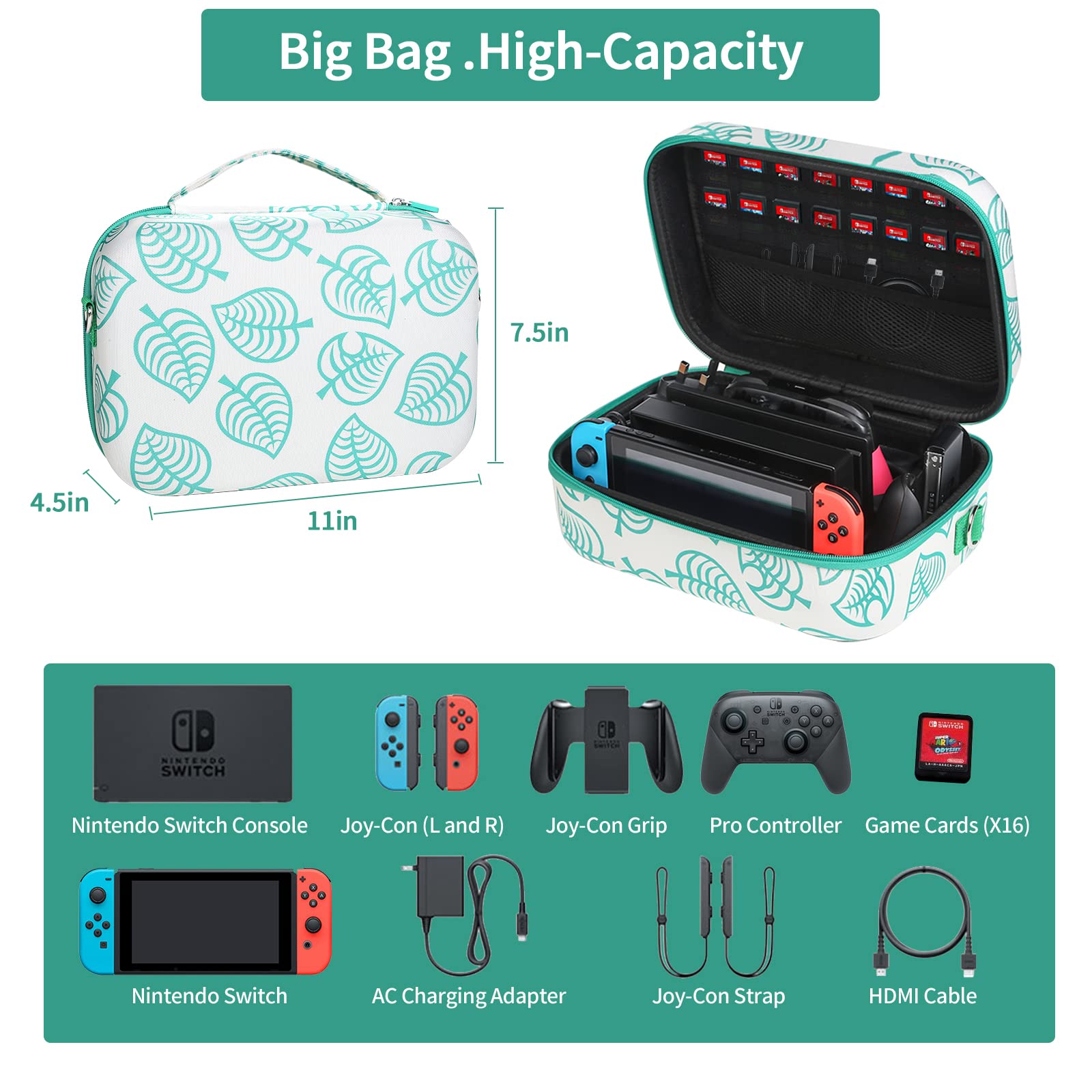 Premium Hard Shell Travel Case for Nintendo Switch - Protective Storage Case Fits Switch Console, Dock, Pro Controller & AC Adapter - Animal Crossing Design - Perfect for Gaming On-The-Go, Travel & Home Storage