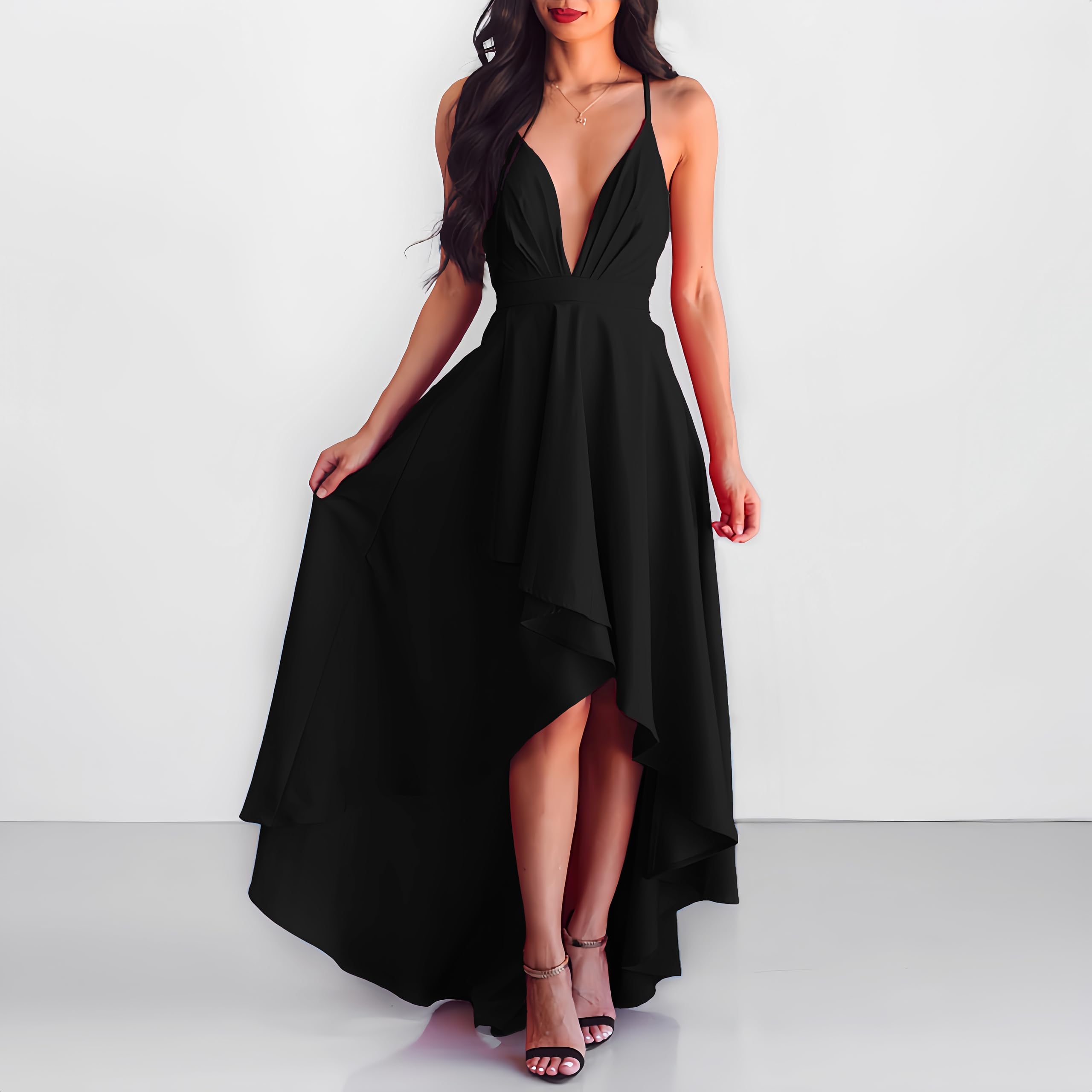 Elegant Women's Deep V-Neck Sleeveless A-Line High-Low Evening Gown - Formal Cocktail Party Dress for Weddings, Galas & Special Occasions