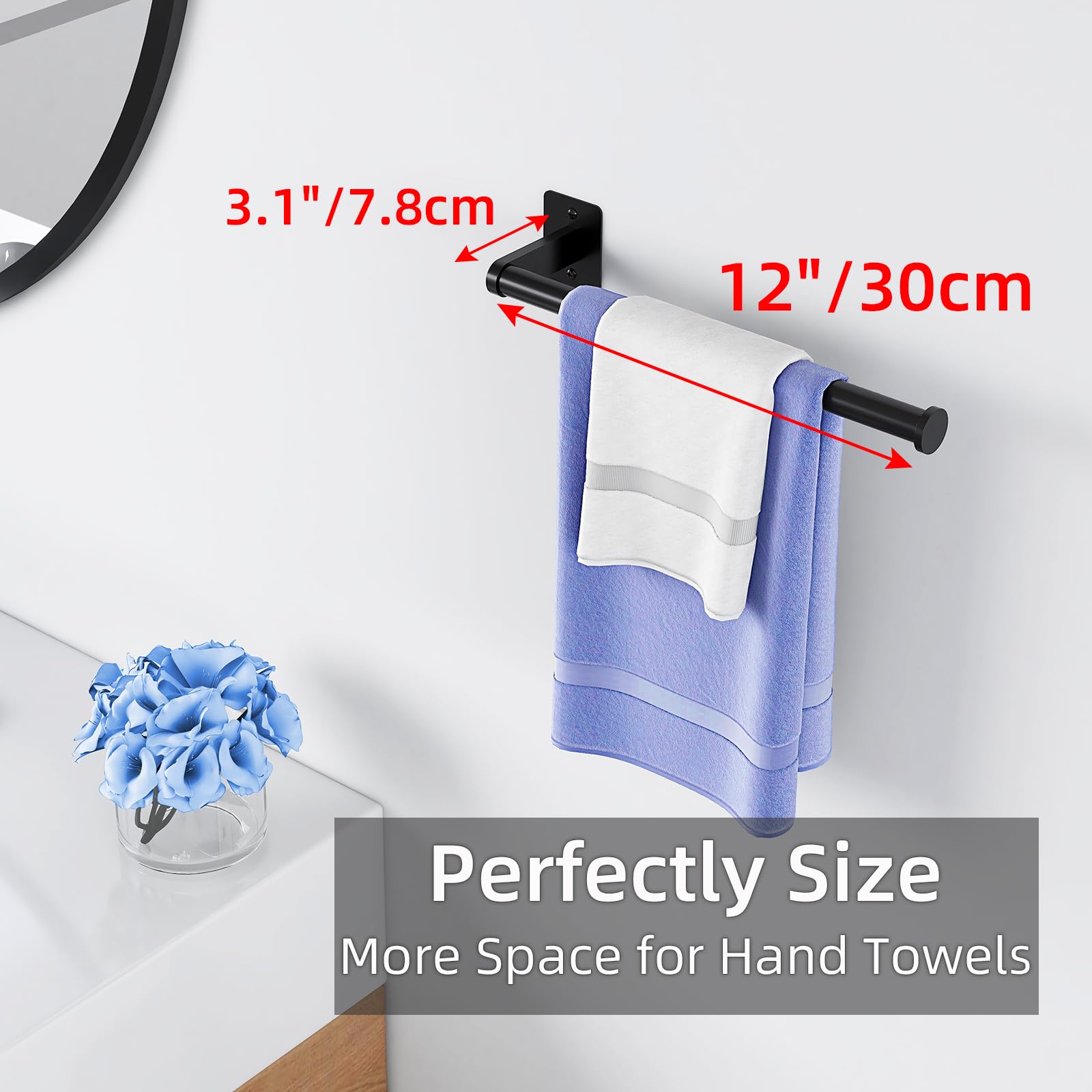 12 Inch Stainless Steel Towel Ring Holder - Heavy Duty Matte Black Wall Mounted Bathroom Towel Bar for Hand & Kitchen Towels - Modern Home Decor Organizer for Bathroom, Kitchen & Laundry Room