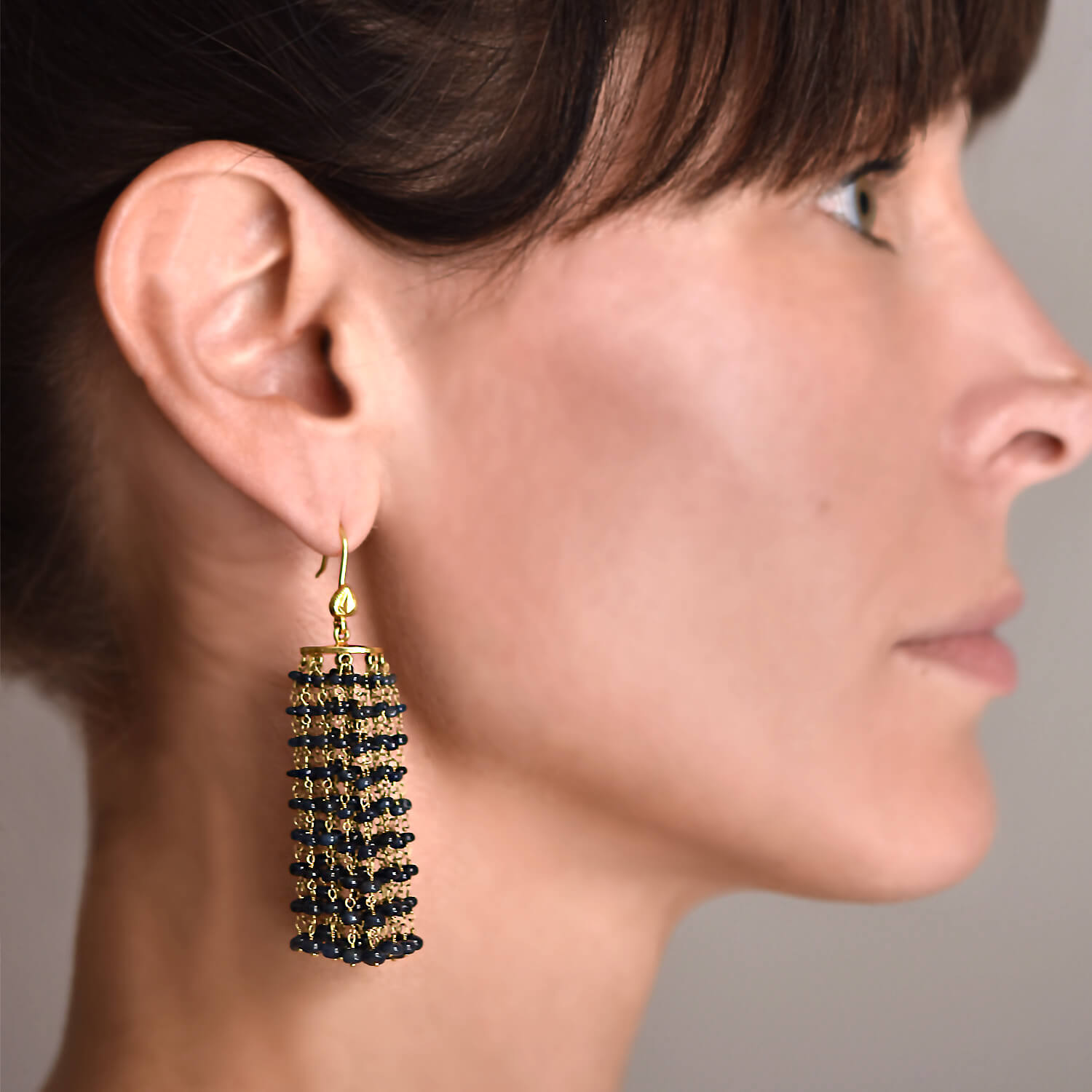 18K Gold Beaded Sapphire Tassel Drop Earrings for Women - Elegant Dangle Jewelry for Parties, Weddings & Special Occasions